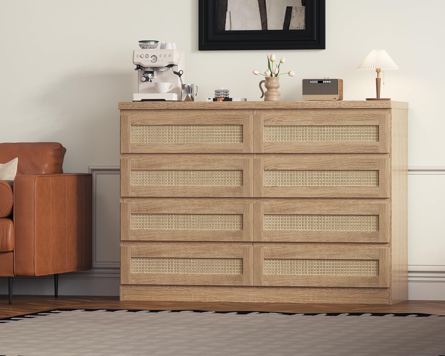 47 Inch Rattan 8 Drawer Dresser, Modern Farmhouse Chest of Drawers, Tv Stand Dresser Accent Furniture for Living Room, Bedroom, Entryway