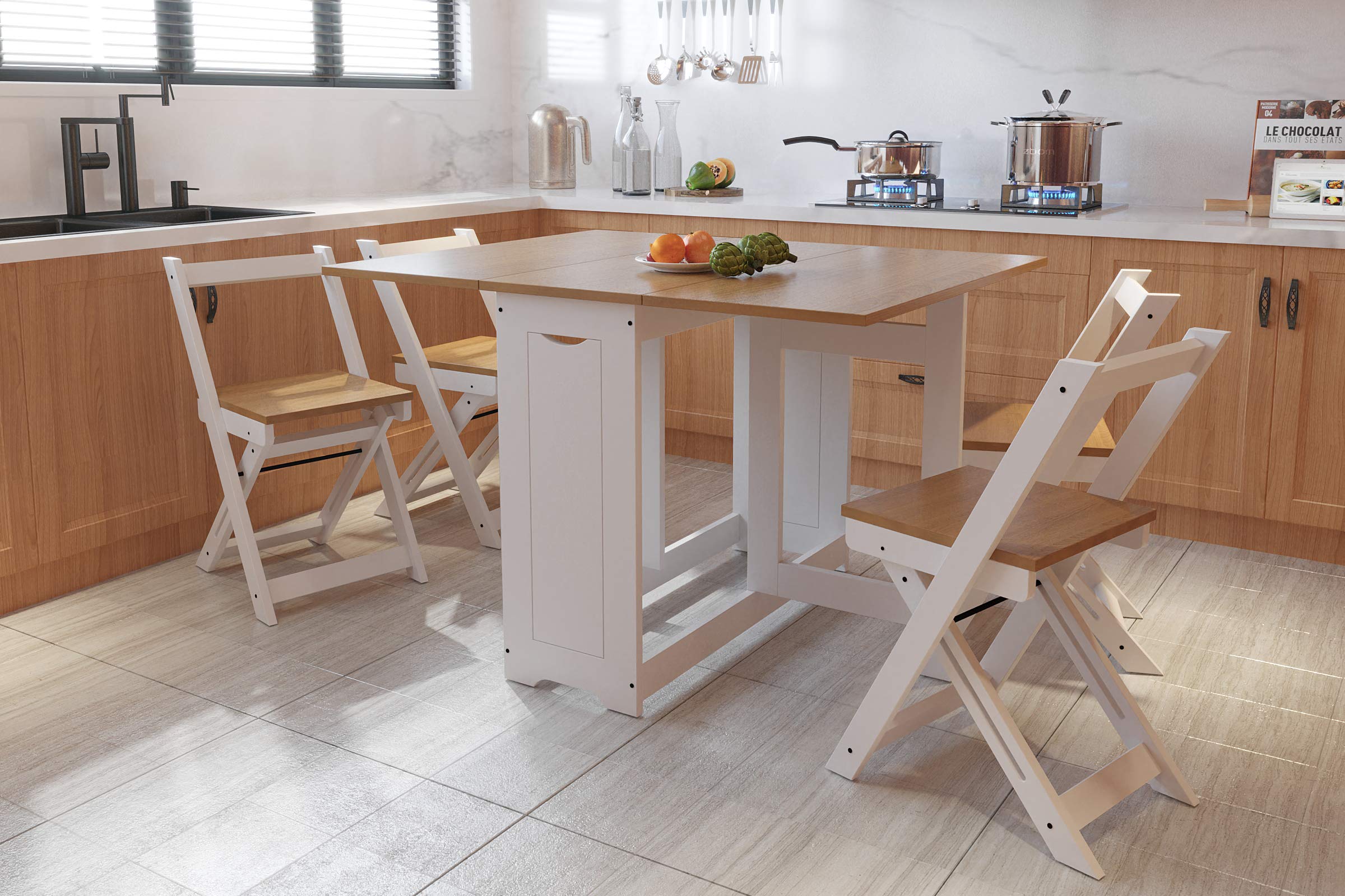 Juego de mesa de comedor de madera maciza con 4 sillas plegables, diseño de hojas de mariposa, juego de muebles de cocina con acabado de pino natural