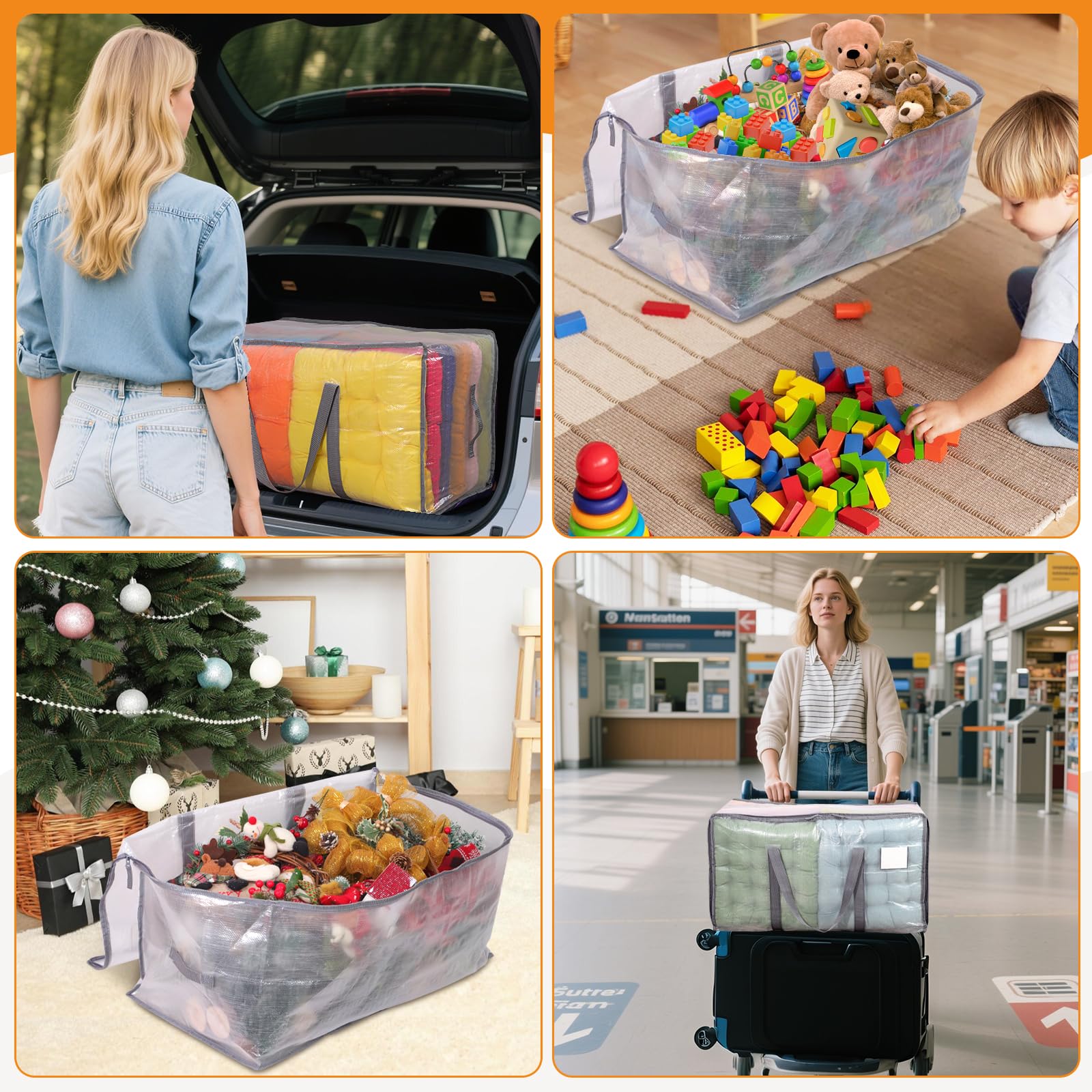 Dntorx 8er-Pack 105L Transparente Umzugstaschen Kleidungsaufbewahrungstaschen Strapazierfähige Umzugstaschen Packtaschen mit Reißverschlüssen für Umzug Kleidung Bettwäsche Daunendecke Spielzeug