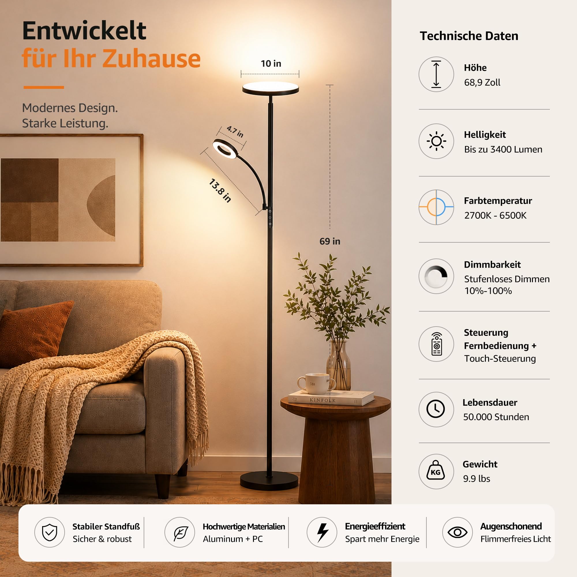 Torkase LED Stehlampe Wohnzimmer, 42W 4200LM Deckenfluter mit Leselampe, Dimmbare Mutter-Tochter Standleuchte mit Magnetischer Fernbedienung, 2700K-6500K Moderne Lampe Schwarz