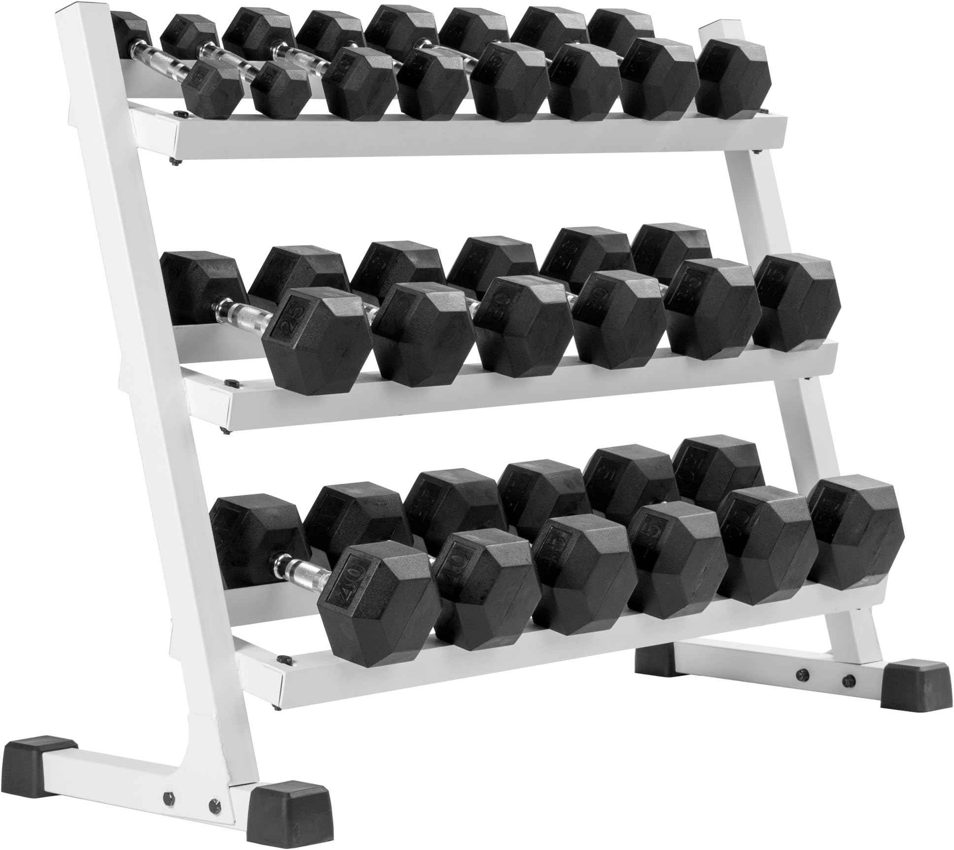 XMark 550 lb. Premium Hex Dumbbell Set (10 Pair: 5 lb to 50 lb Pairs) Heavy Duty Three Tier Dumbbell Rack (White Rack)