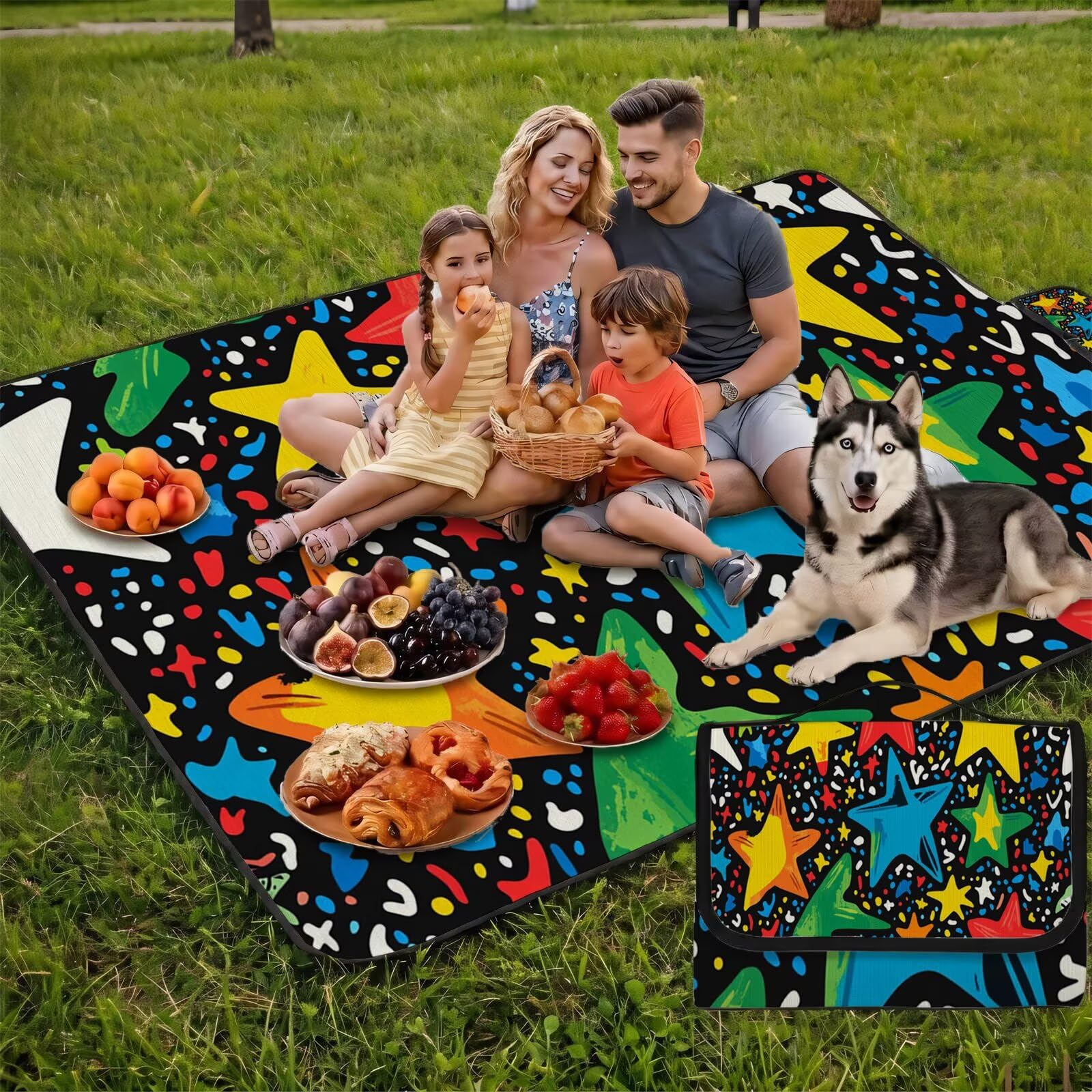 Couverture Pique Nique Grande 200x300cm,Outdoor Couverture Imperméable,Pliable Tapis de Plage Dos en PVC Anti-Sable,Picnic Blanket pour Camping Accessoires,Jardin,Parc - étoiles colorées UZ-310