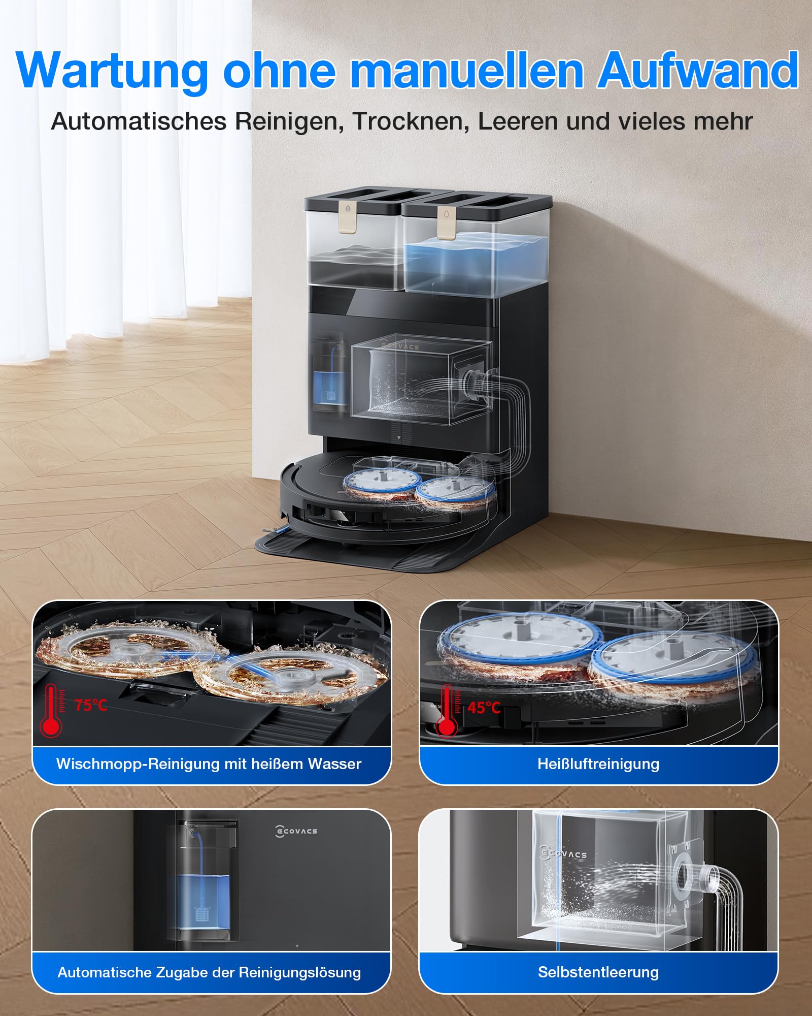 ECOVACS DEEBOT T50 PRO OMNI Gen3 Care kit Robot Aspirapolvere Lavapavimenti, Spazzola Lateral e Mocio a Estensione, 25000Pa, AIVI 3D 3.0, Detergente Automatico, Lavaggio a 75°C, Asciugatura, Nero