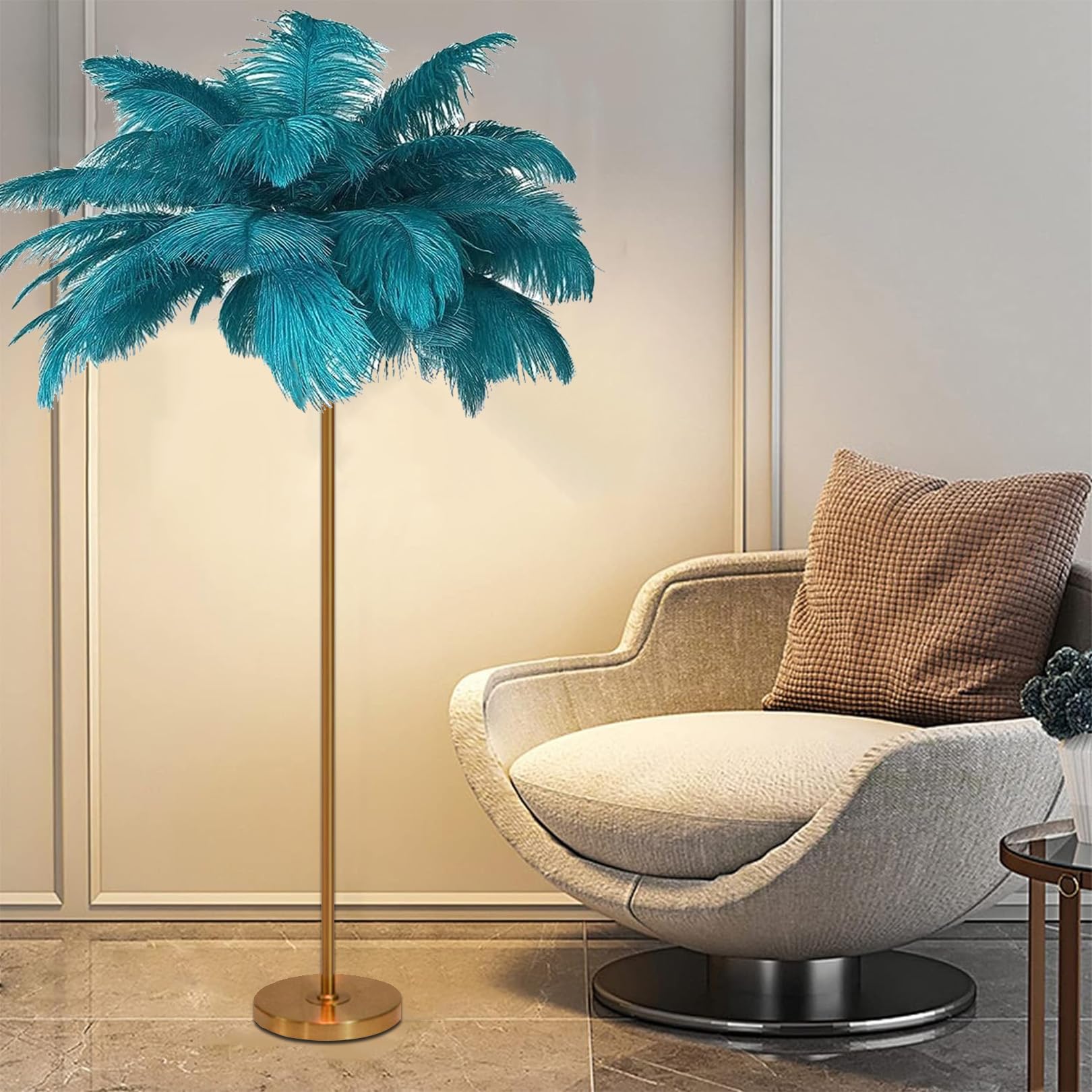Feather Floor Lamp - Modern Gold Standing Light with Elegant Lampshade for Bedroom, Living Room, Office - Natural Ostrich Feather Design