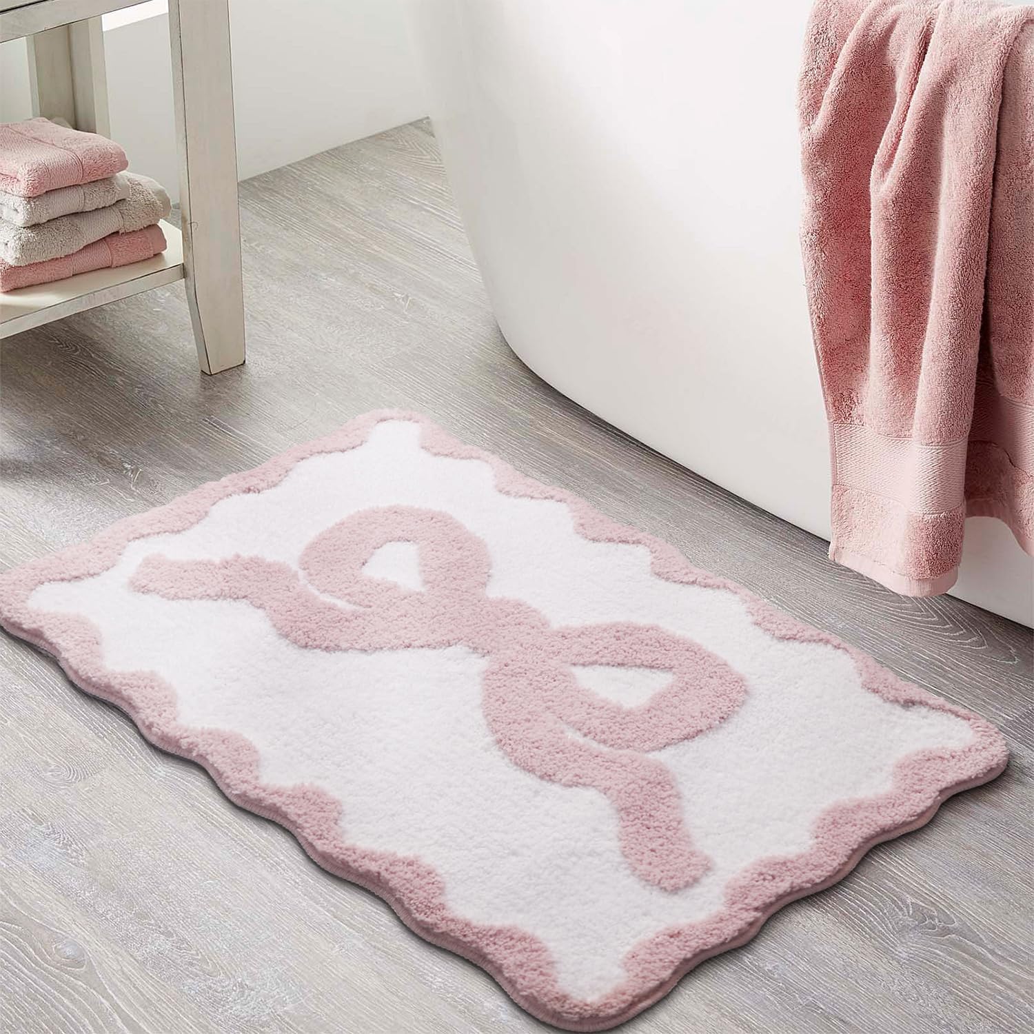 Pink Bow Bath Mat for Bathroom 20x32 Cute Preppy Rugs with Scalloped Edges Soft Microfiber Ultra Absorbent Non-Slip