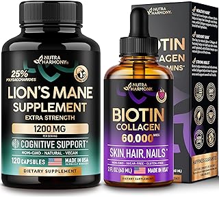 NUTRAHARMONY Liquid Biotin, Collagen Drops & Lions Mane Mushroom Capsules