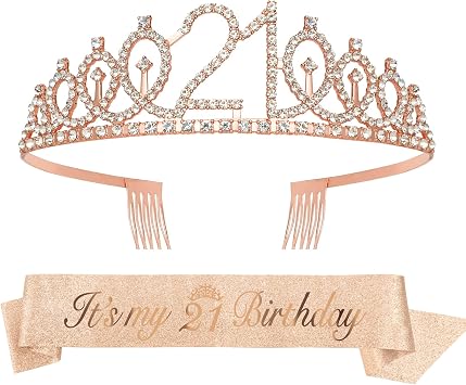 21st Birthday Tiara and Sash Set Gifts for Women Girl Birthday Princess Tiara Rose Gold Queen Crown Headband Sash Headdresses Crowns Decorations for Her Party Supplies