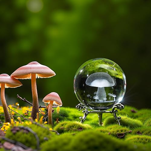 Miniatura 4 de HDCRYSTALGIFTS Bola de cristal de hongo 3D de 2.362 in grabada con láser, esfera de vidrio decorativa con soporte, figuras de hongos pisapapeles,