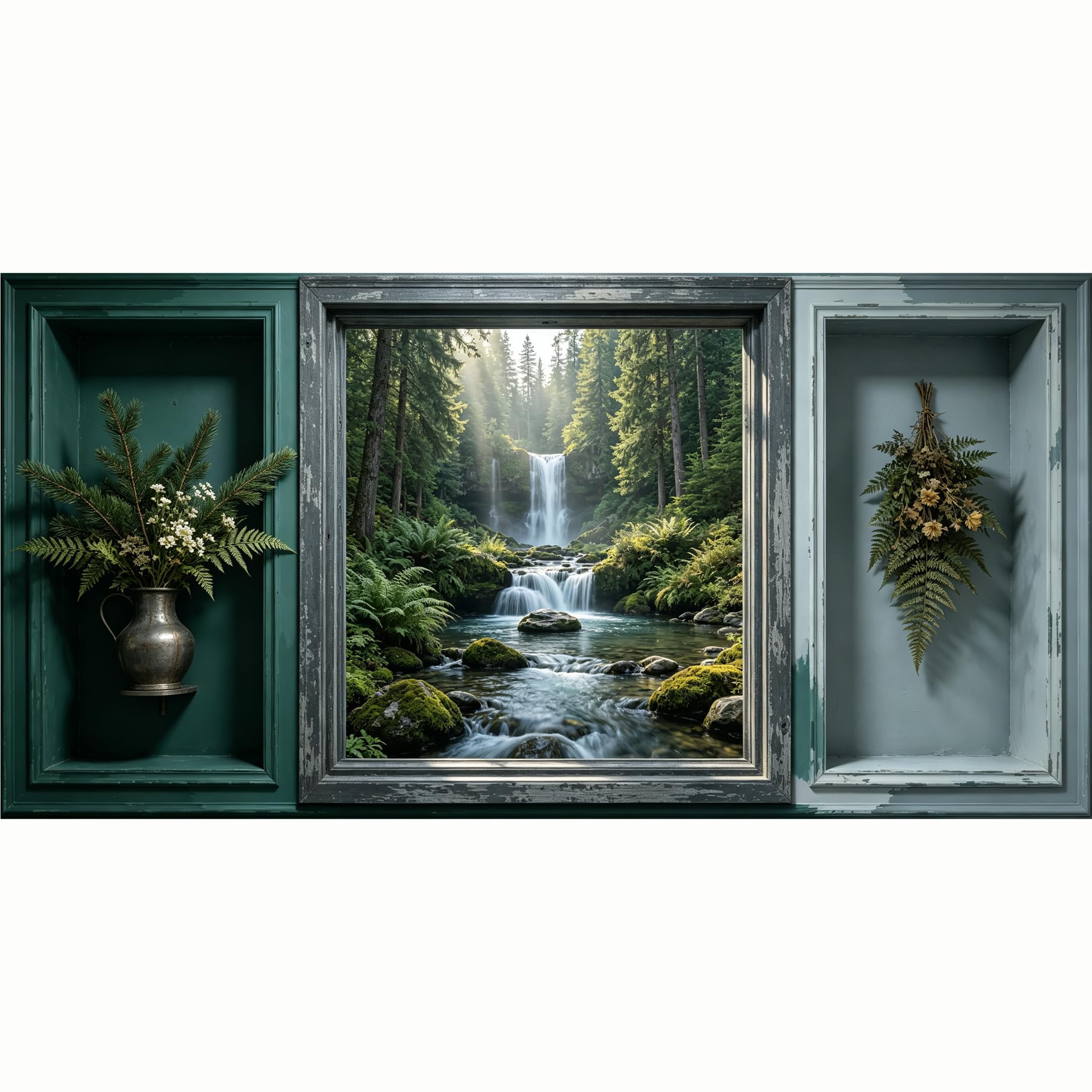 QZLITHOTIC 50x100cm 3D Framed Wall Art， Misty Forest Waterfall Landscape Self‑Adhesive Mural， Water‑Activated Peel & Stick Fabric Decor Wall Decal for Bedroom Living Room