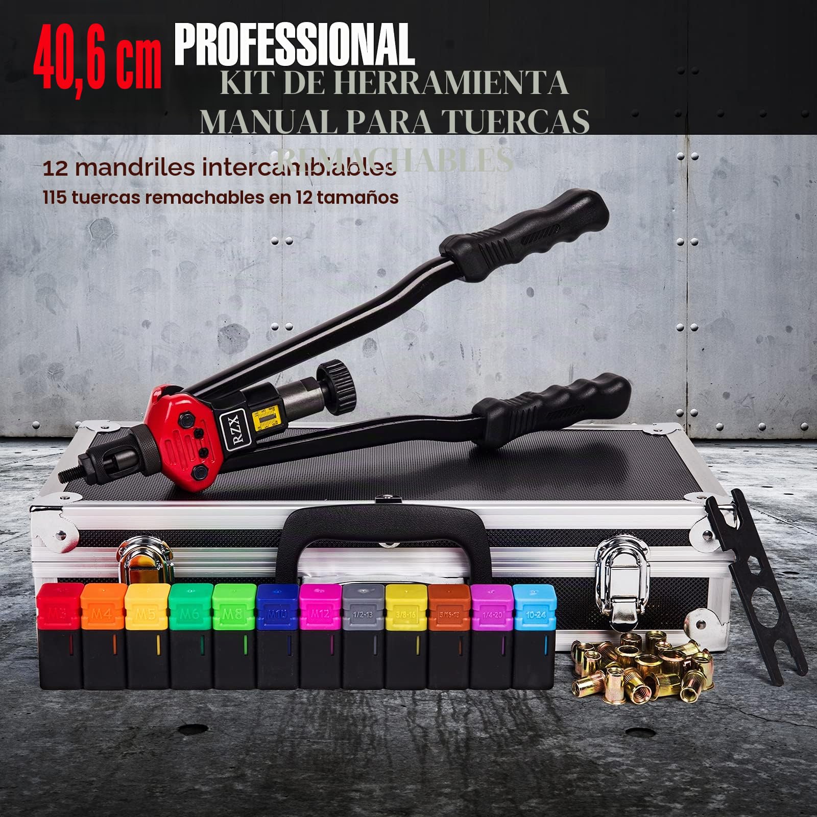 Maleta caja de herramientas 17" 440 mm M3-M12, 10-24, 1/4-20, 5/16-18, 3/8-16, remachadora de mano, remachadora con sistema de ajuste de tuerca M3-M12 Bt607