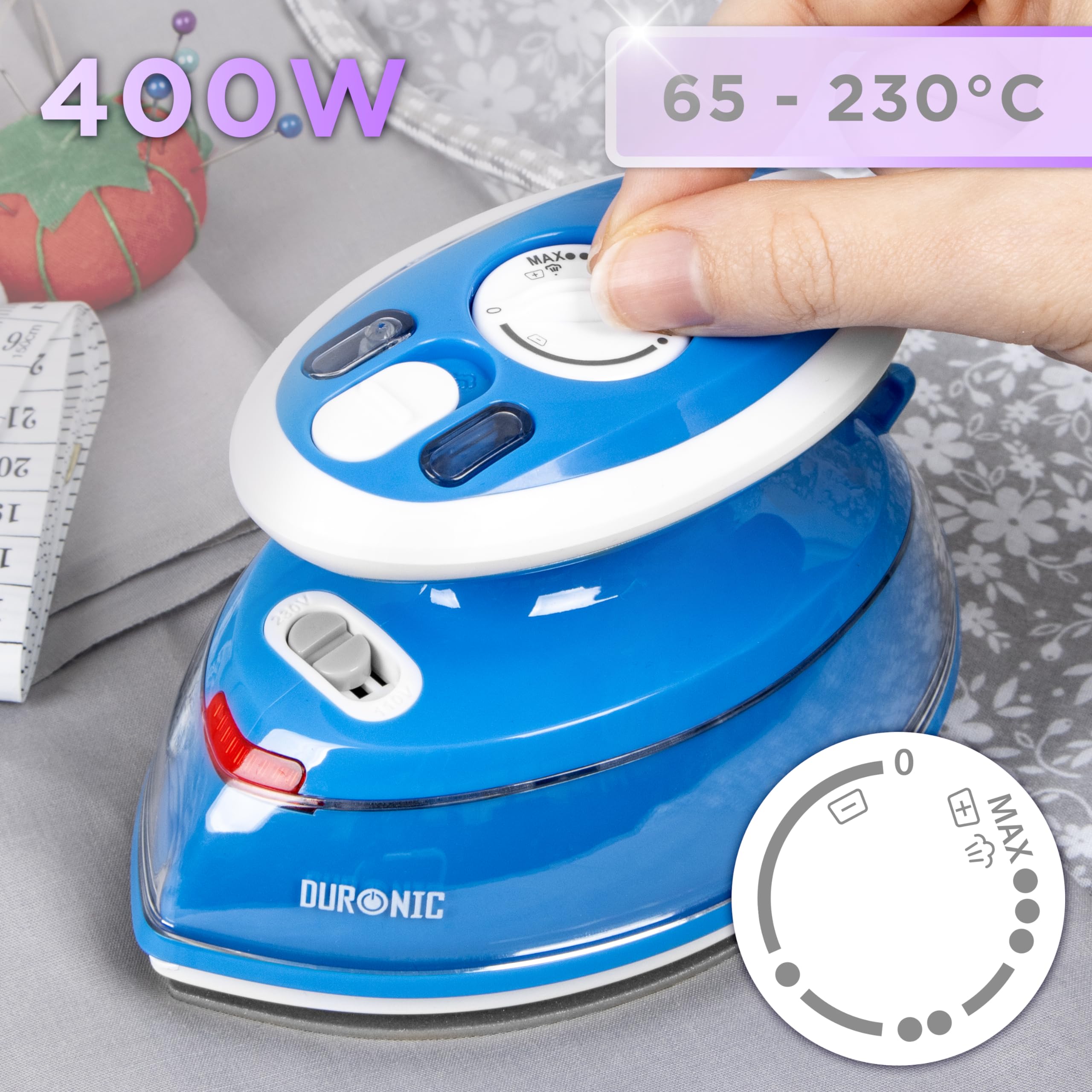 Duronic SI3 BE Mini Ferro da Stiro, Ferro da viaggio a vapore 400W, Serbatoio 35ml, Steamer portatile con base d’appoggio e borsello da viaggio, Per lavori di cucito, quilting, Blu