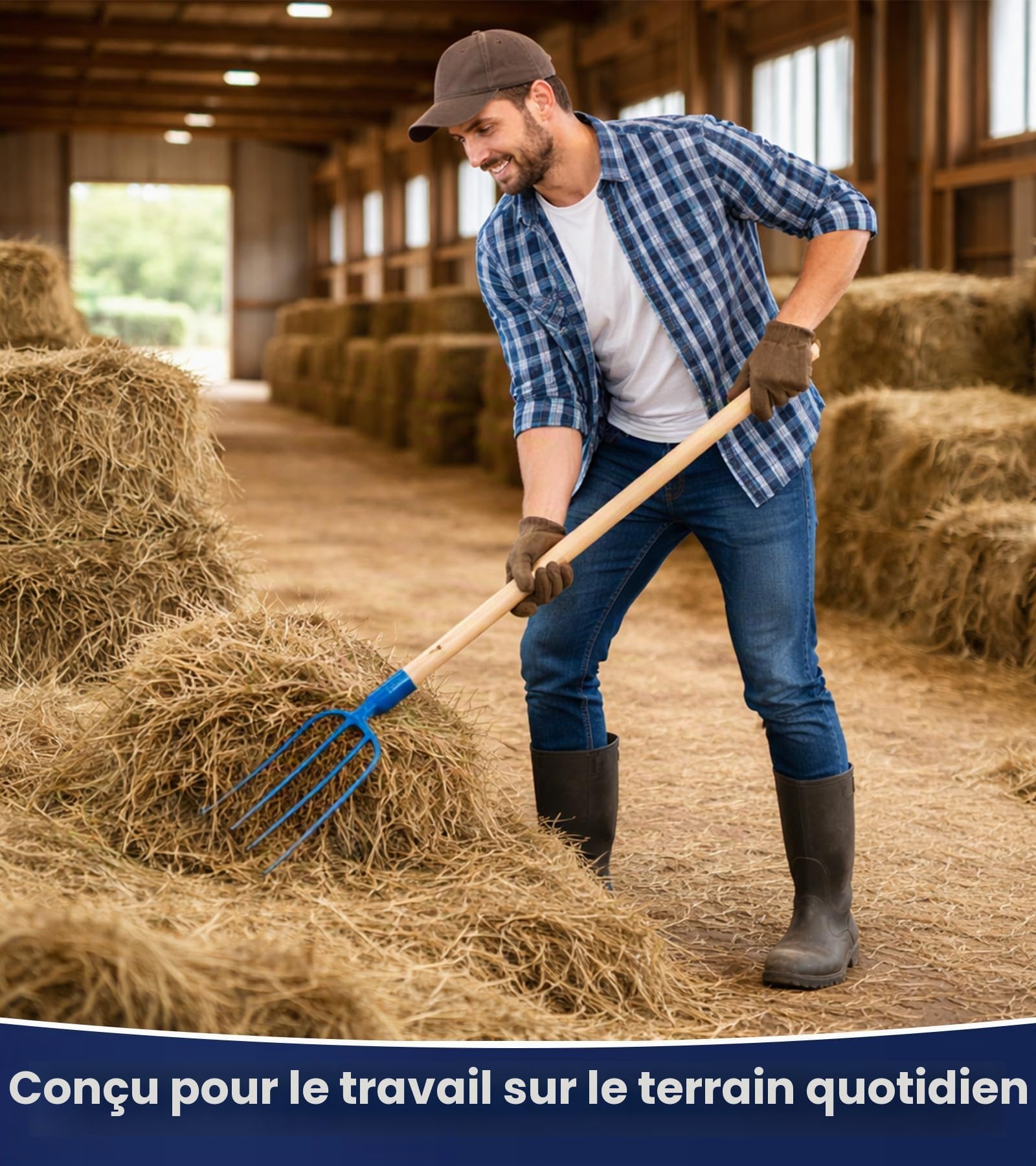 Fourche à foin, fourche à fumier, fourche 4 dents pour jardin avec manche 115 cm, forche pour écurie, ferme en acier de haute qualité, fourche à fumier robuste pour le jardinier et