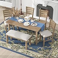 Vista 13 de Merax Juego de mesa de comedor de cocina de 6 piezas, juego de mesa de comedor de granja con mesa rectangular y 4 sillas tapizadas y banco, juego
