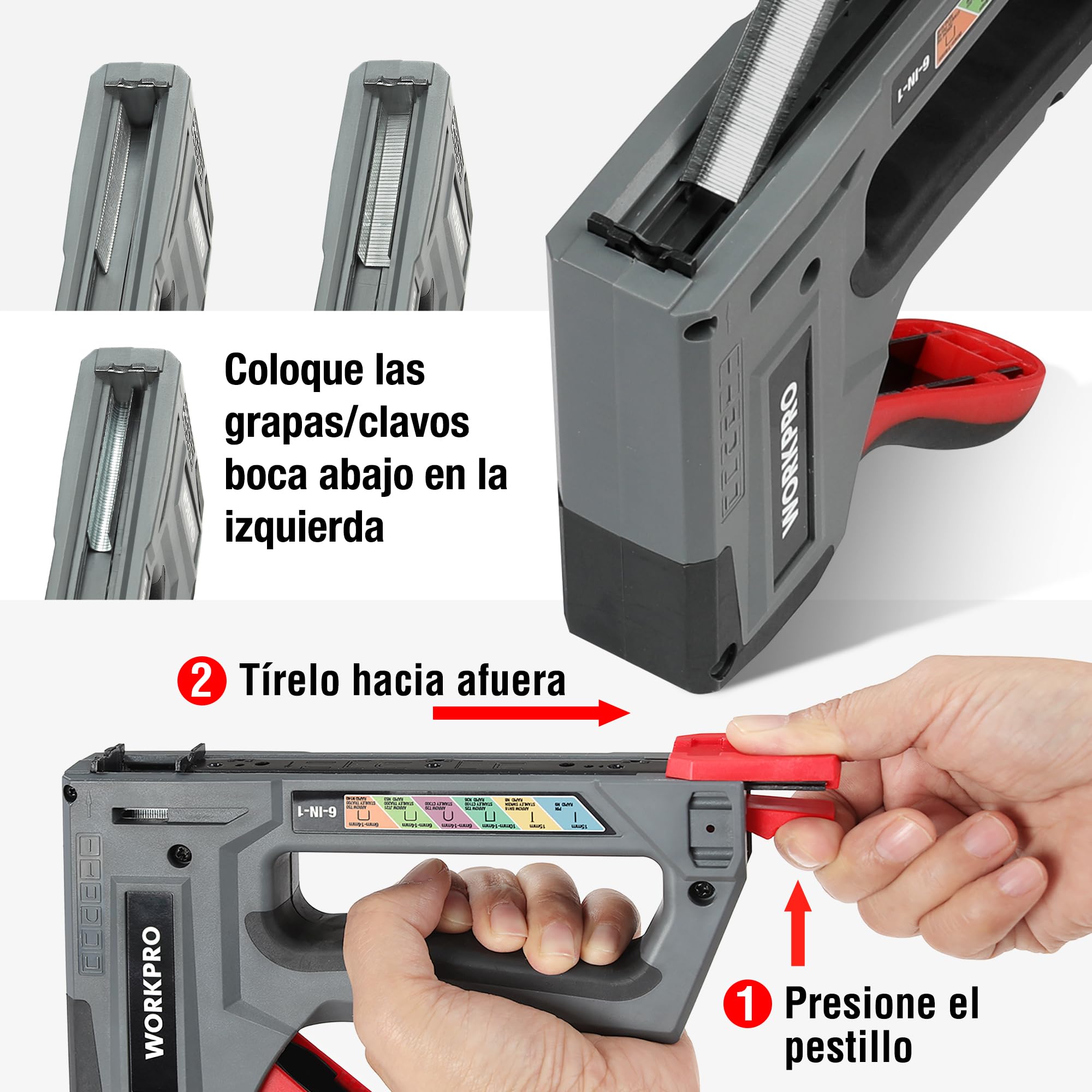 WORKPRO Grapadora y Clavadora Manual 6 en 1, Grapadora de Tapicería, Ideal para Fijación, Decoración, Carpintería, Incluye 4000 Grapas/Clavos