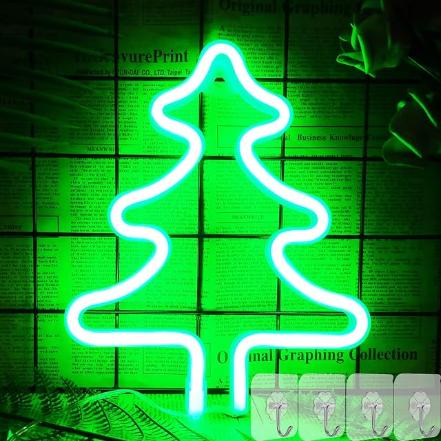 YIVIYAR Christmas Tree Green Neon Light with 4 Hooks LED Neon Sign Wall Light Battery/USB Operated Neon Lights for Bedroom Wall Decor Light Up for The Home,Kids Room,Bar,Party,Wedding(Christmas Tree)