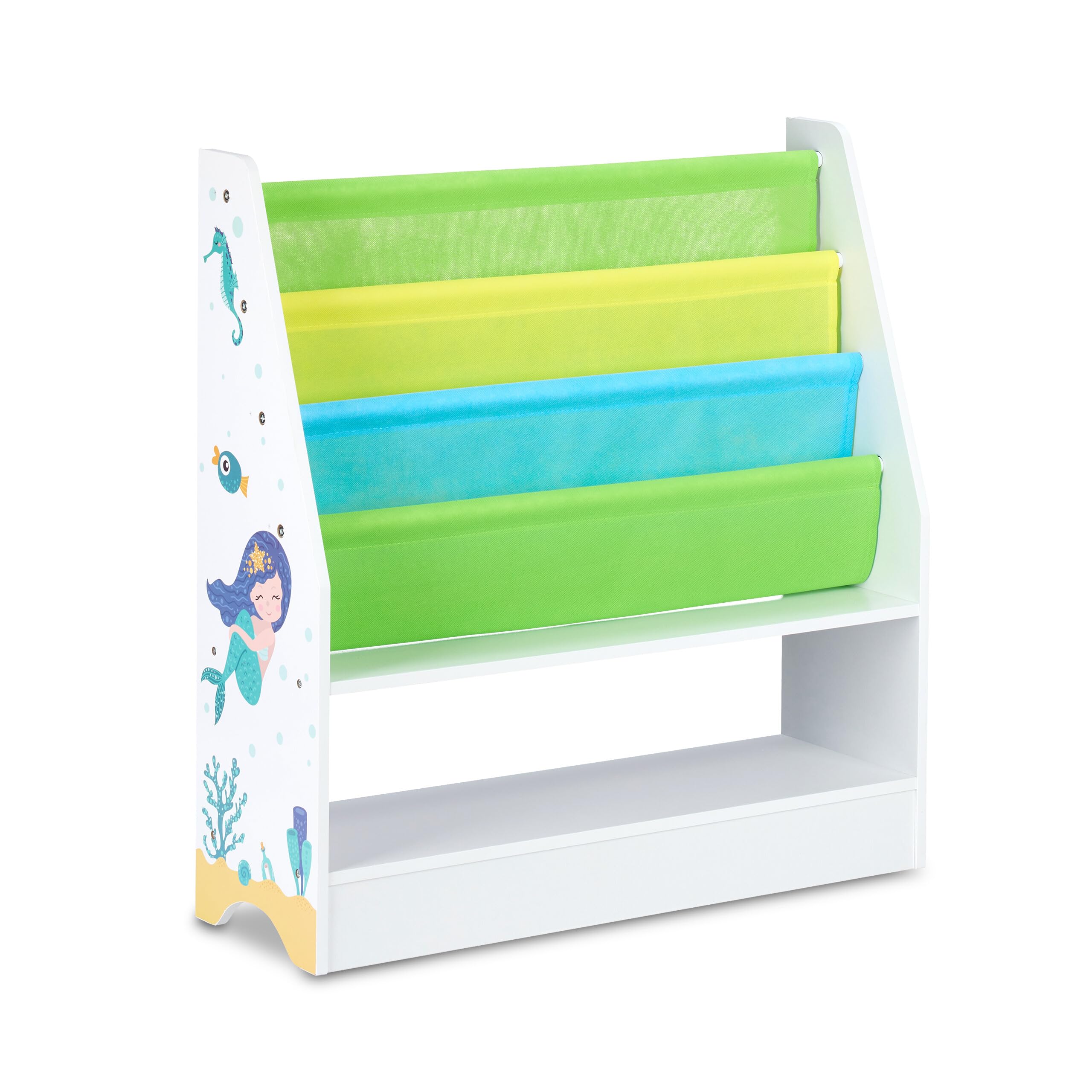 Relaxdays Estantería Infantil, Diseño Marino, 2 Cajas y 3 Bolsas Tela, Mueble Juguetes, Librería, 74x71x23cm, Multicolor