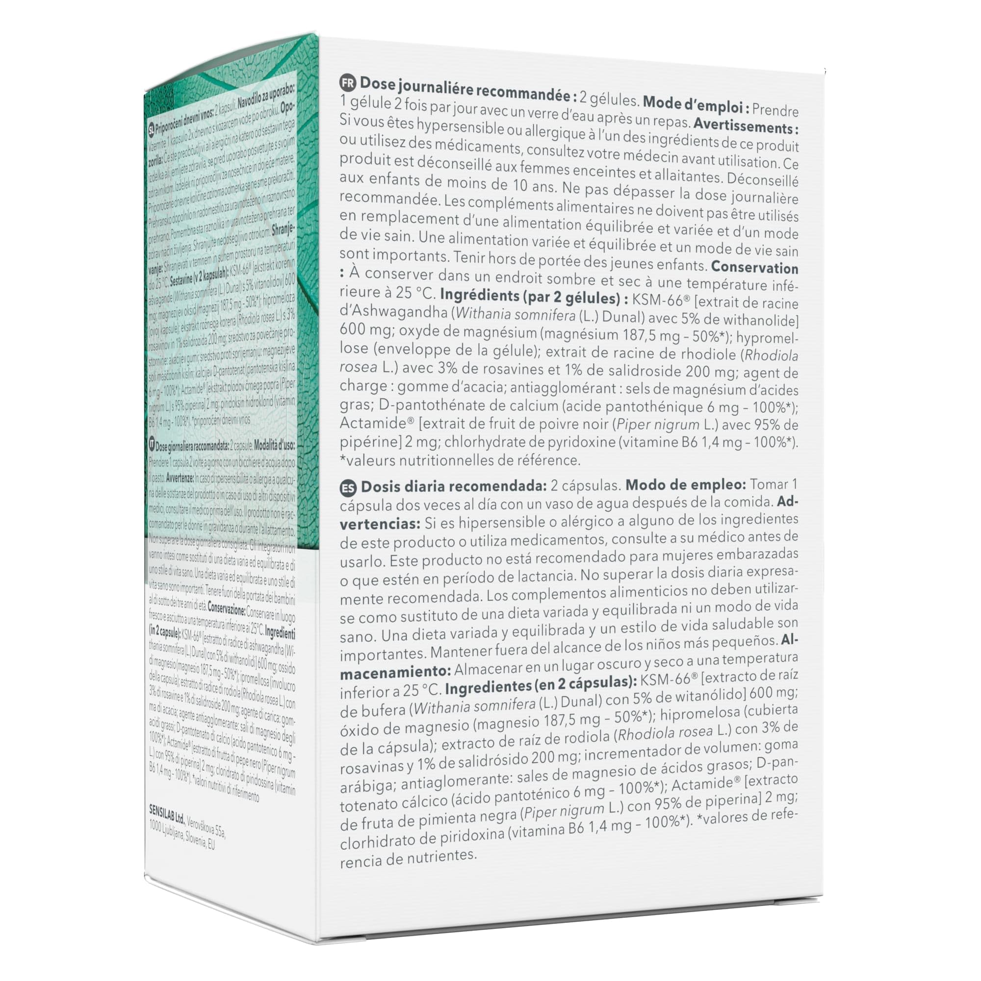 Ashwagandha 600 mg, Rhodiola Rosea, Magnesium, Vitamin B6 und Vitamin B5 - Nur 2 Kapseln Täglich - 120 Ashwagandha Kapseln für 60 Tage - 10% Witanolide - AdrenaLux Sensilab