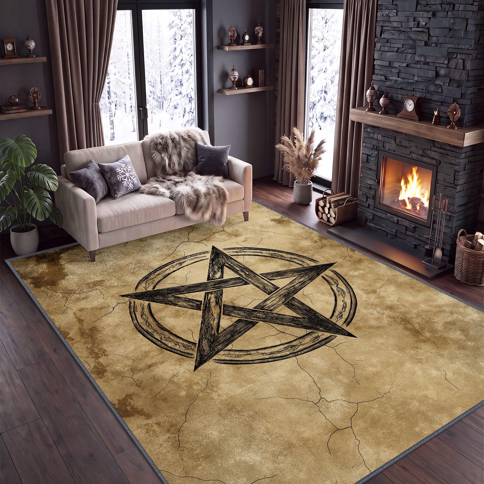 Gothique Minimaliste Tapis Antidérapant 180 x 240 cm Doux Tapis, pour Salon Chambre à Coucher Salle à Manger Étoile Cinq Branches Double Anneau Cercle Lavable Poils Ras Lavable Poils Courts Moquette