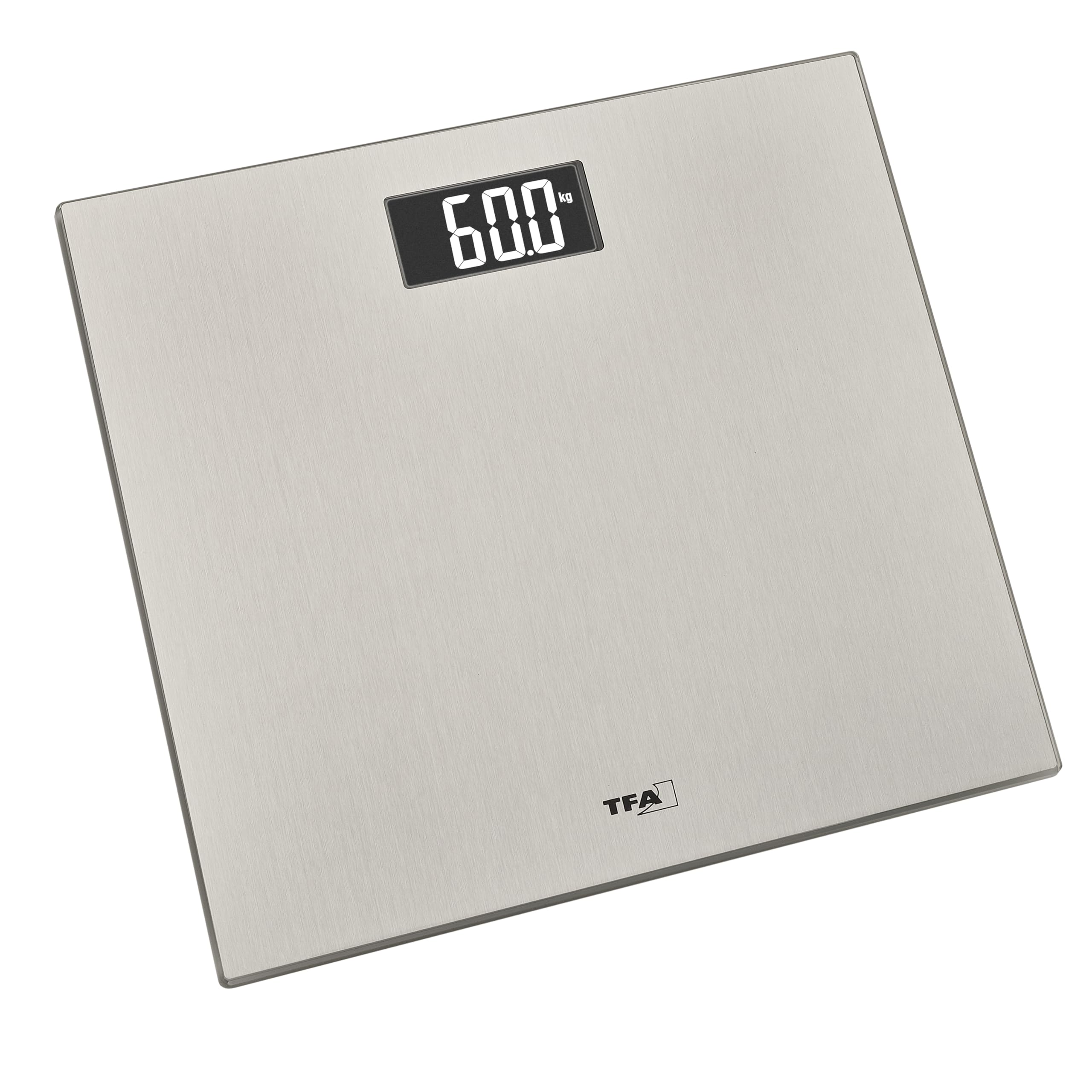 TFA Dostmann Personas Báscula digital Step Steel con pantalla invertida, 50.1016, plana con superficie de acero inoxidable, báscula de hasta 180 kg, Auto-On-Off, gran superficie de pie, color plateado