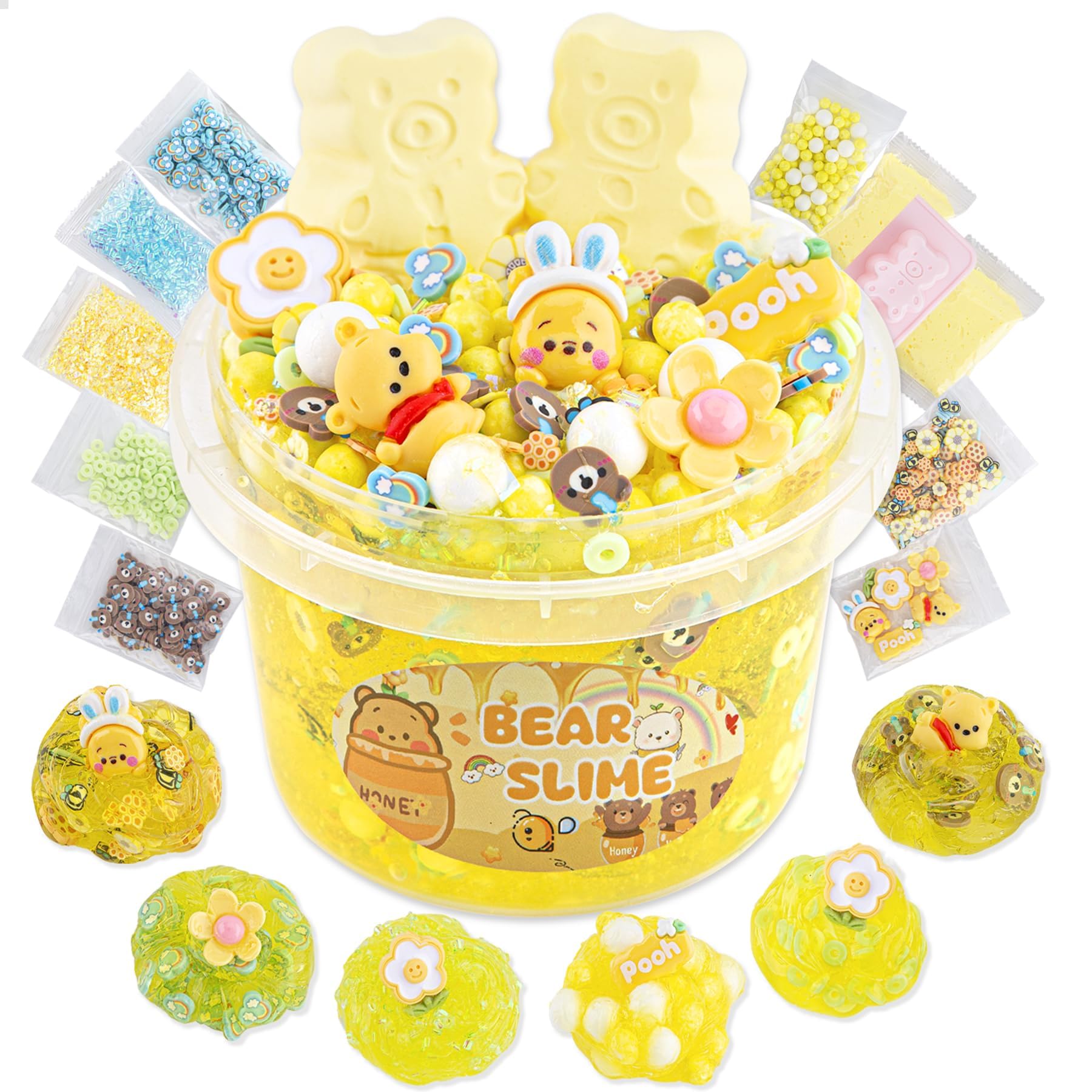 LAWOHO Bear Clear Slime 300ml, Yellow Clear Slime Kit for Girls Ages 8-12 with 9 Packs Cute Add-Ins for Kids Party Favors, Non Stick Slimes with Clay Toys Birthday Halloween Christmas Easter Gifts