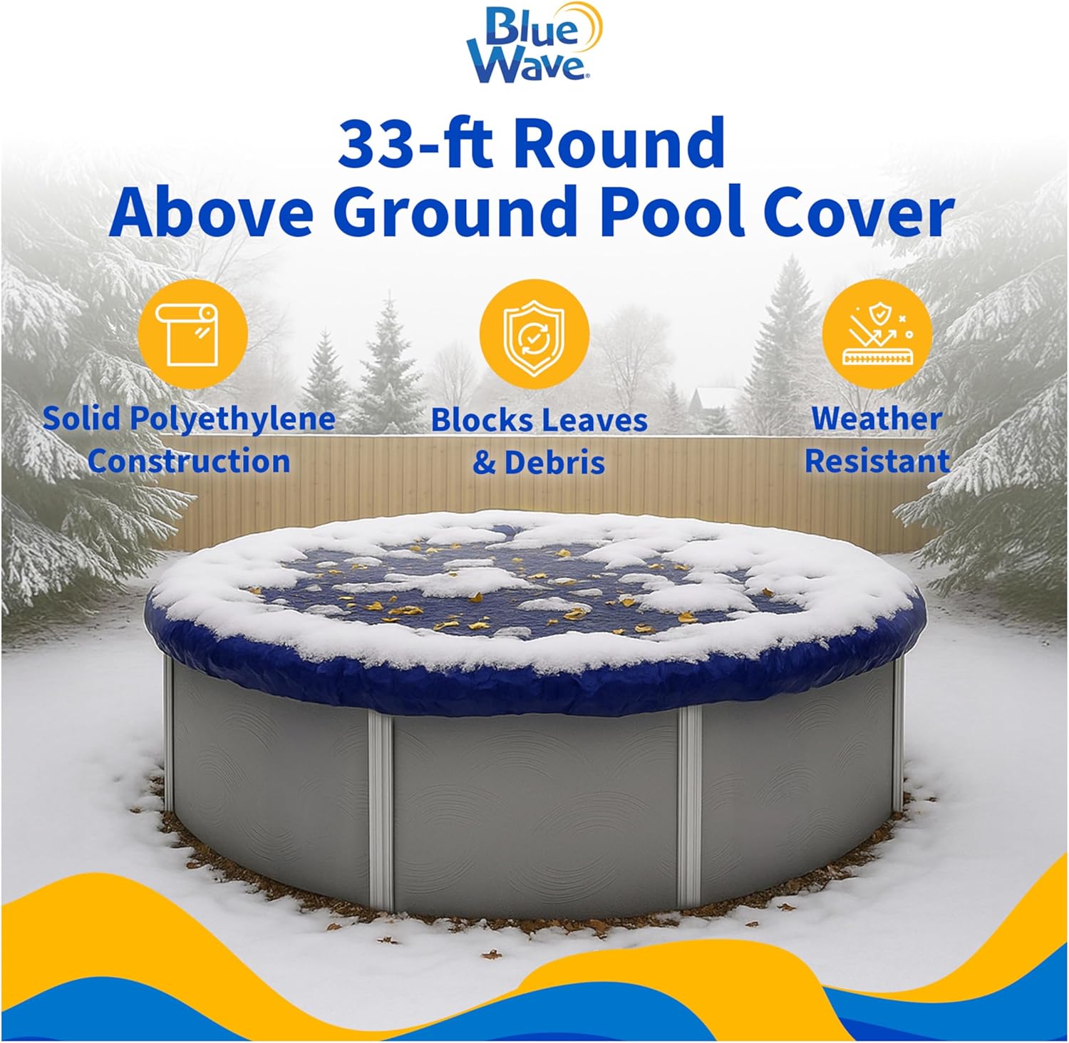 Blue Wave Gold 15-Year 33 ft Round Above Ground Pool Cover for Winter– Durable & Weather-Resistant Polyethylene – 4 ft Overlap, Black Underside, Reinforced Grommets, Winch, Cable – Royal Blue