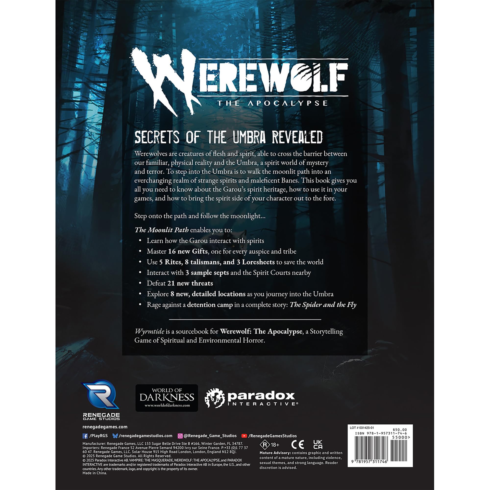 Renegade Game Studios | Werewolf The Apocalypse 5th Edition The Moonlit Path | New Enemies Narrative Tools And Character Options | 1 Plus Players | Playing Time Varies