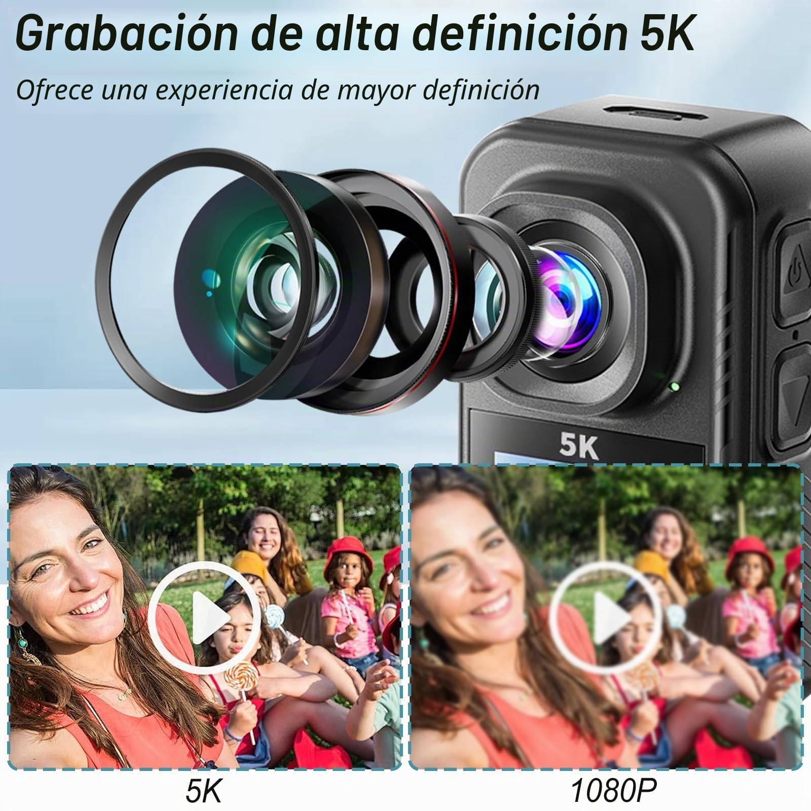 Action Cam 5K, Mini Action Cam con Tarjeta de 64GB, Videocámara Deportiva WiFi de 130°, Cámara Deportiva para Aventura, Cámara Deportiva para Ciclismo, Vlogging y Viajes