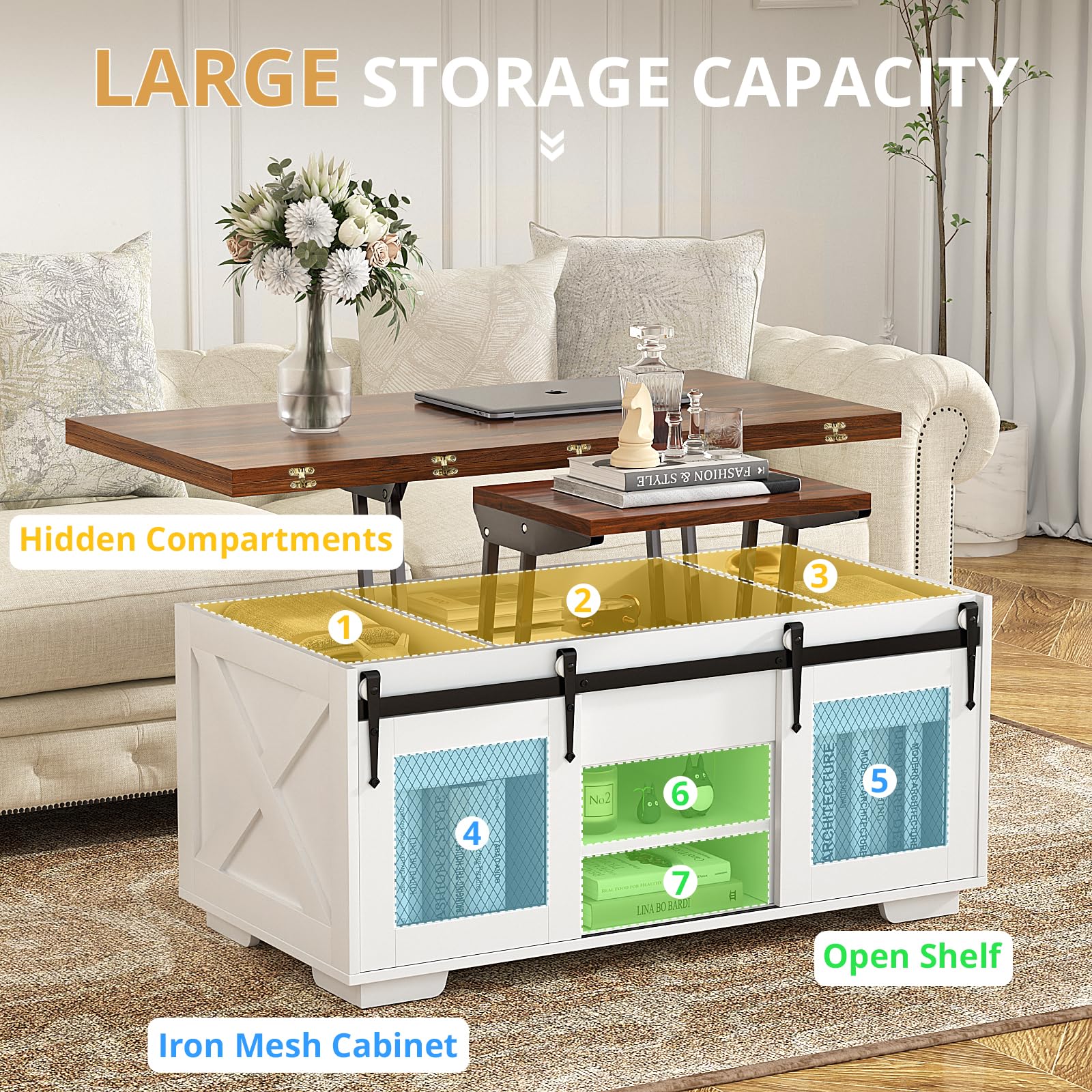 VOWNER Mesa de Centro Elevable, Mesa Extensible, Multifuncional 3 en 1 con Almacenamiento Oculto - Comedor, Convertible, Estilo Granja, Nogal