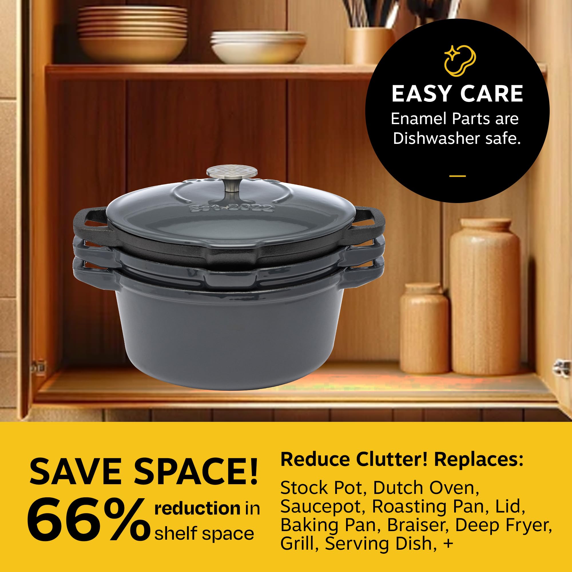 NATIVO 5 pc Stackable Cast Iron Cookware Set, Versatile Enamel Dutch Oven, Seasoned Grill Pan & Enamel Braiser with Precision Pour Spouts, Universal Lid, Included Spacers/Handle Holders, Stormy Grey