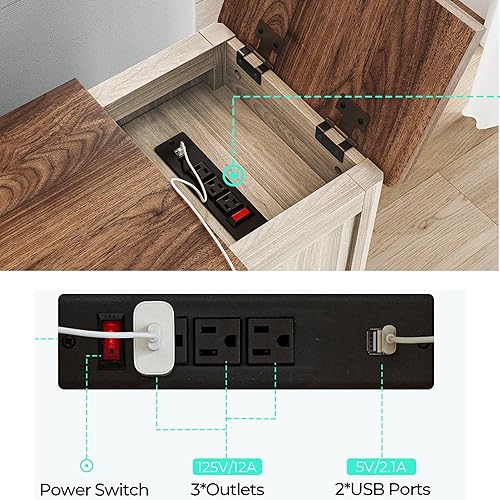 Miniatura 5 de LINSY HOME Juego de 2 mesas auxiliares con estación de carga, moderna mesa auxiliar de sofá de granja, mesita de noche de madera para sala de estar,