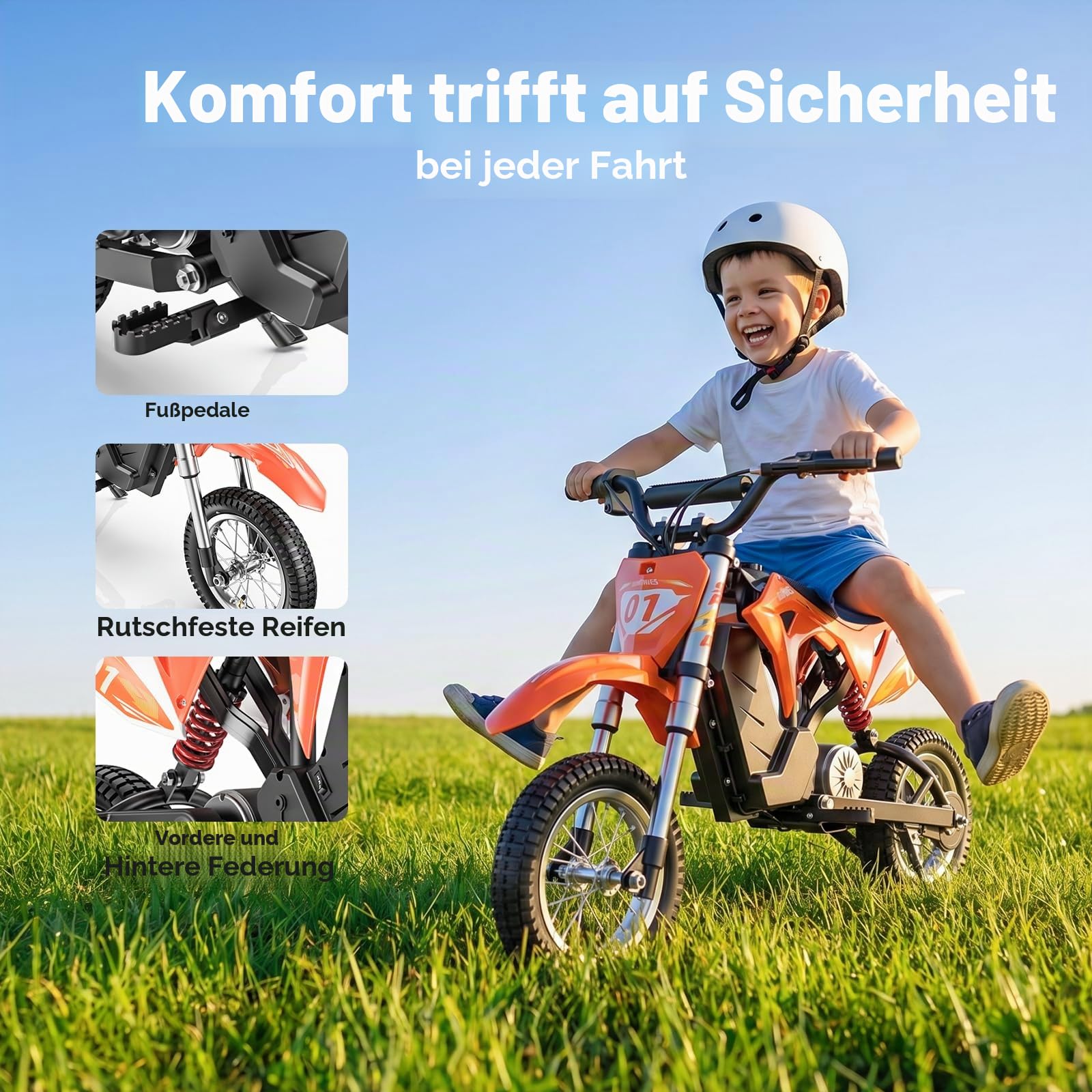 MileRocket 1 Kinder-Elektromotorrad für 4–10 Jahre, 8/12/25 km/h Geschwindigkeitsregelung, 36V 4Ah Akku, 20 km Reichweite, Pocketbike mit Doppelaufhängungg