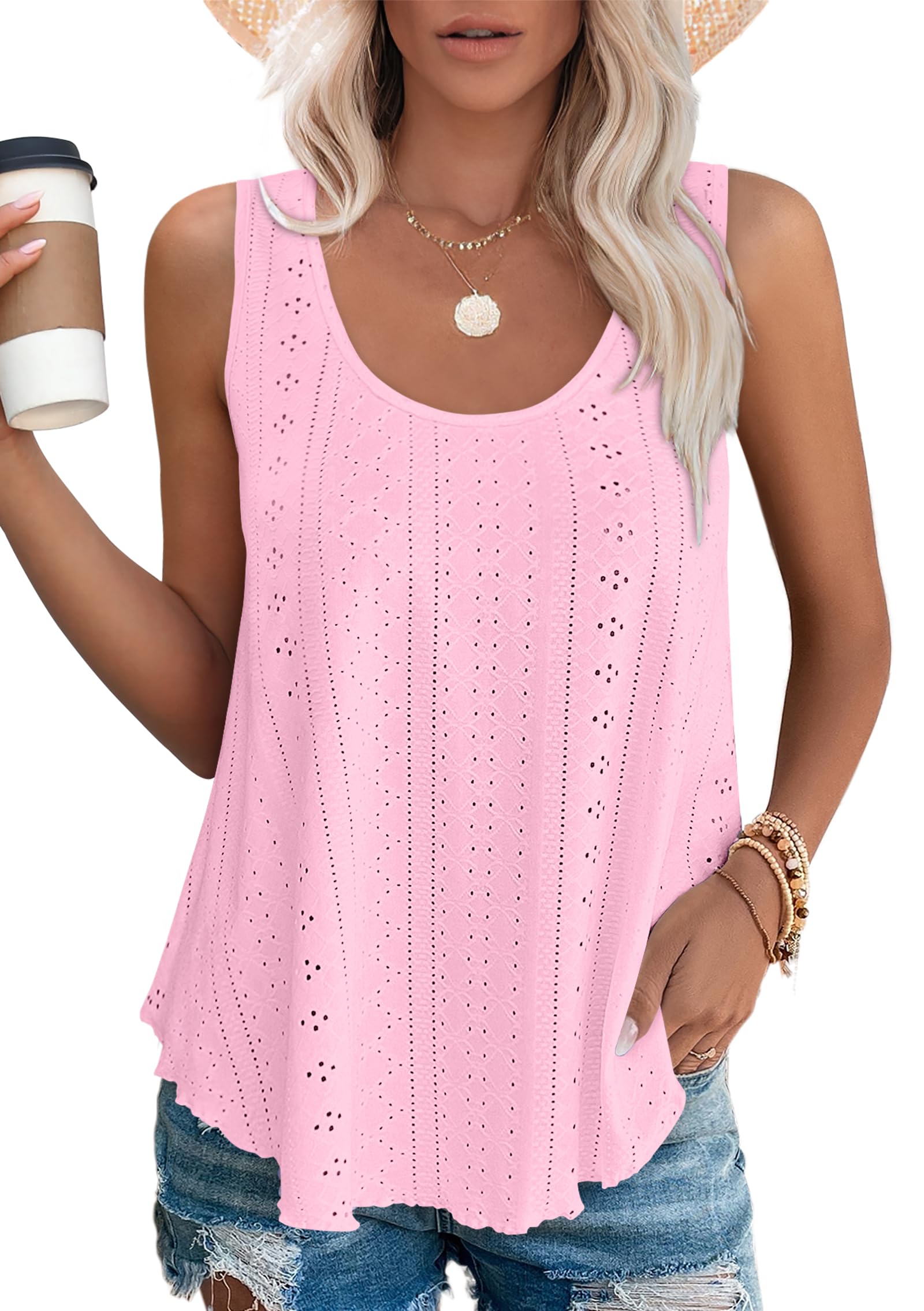Doha Eyelet Flowy Tank- Bright Pink