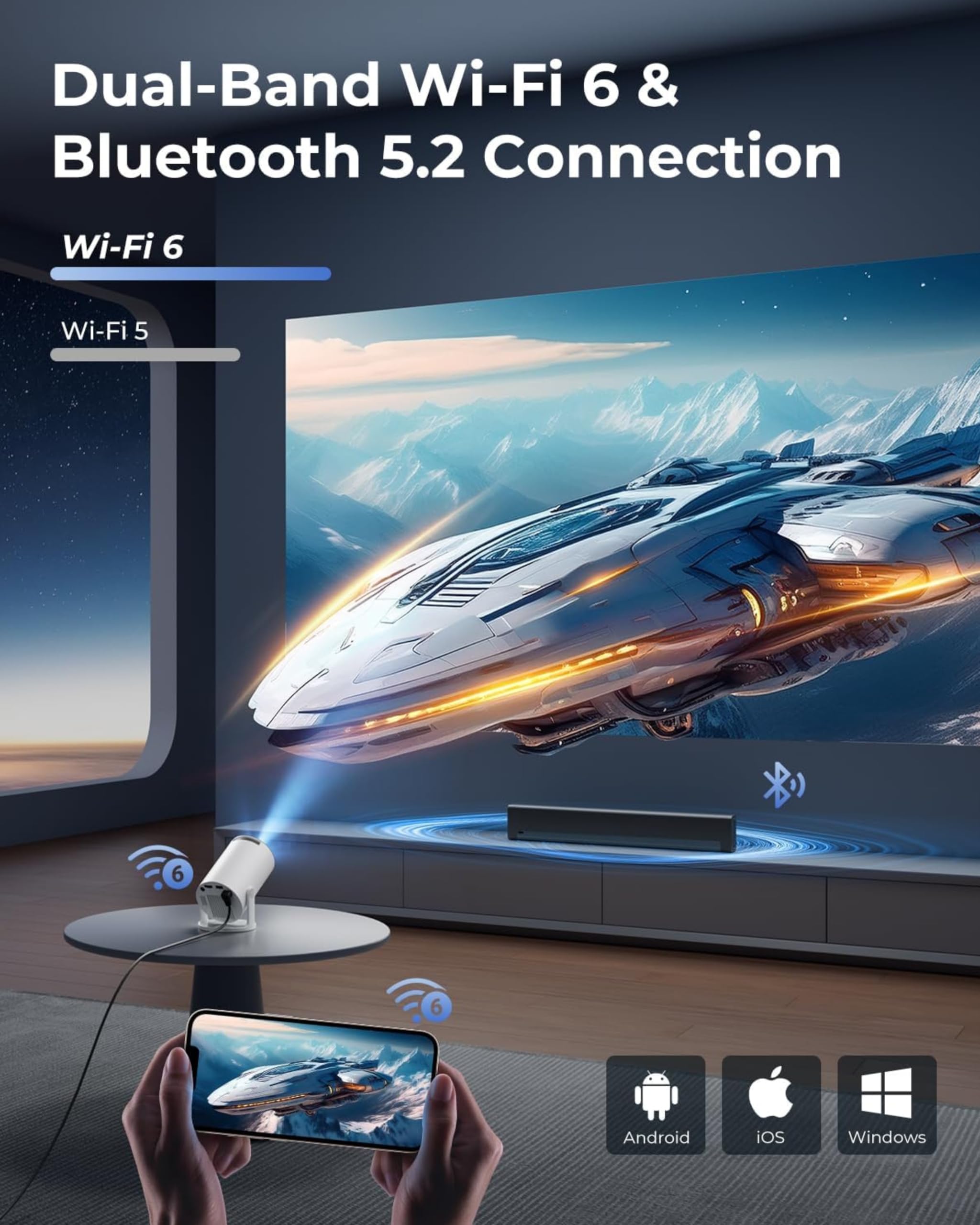 Mini Beamer Unterstützt 4K 1080P, Tragbarer Projektor mit WiFi 6 und Bluetooth 5.4, Kleiner Projektor Auto Keystone, 180° Drehung, Kompatibel mit HDMI/TV Stick/Memory Stick/Laptop