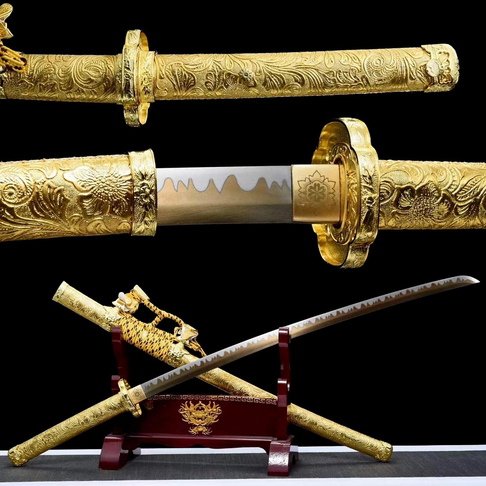 104cm Japanisches Tachi,Federstahl Klinge mit Backvorgang,Goldleder umwickelte Holzscheide,handgefertigt Samurai-Schwert,real Katana für Geschenke,Dekoration,Cosplay,Display,Sammlung,Requisiten