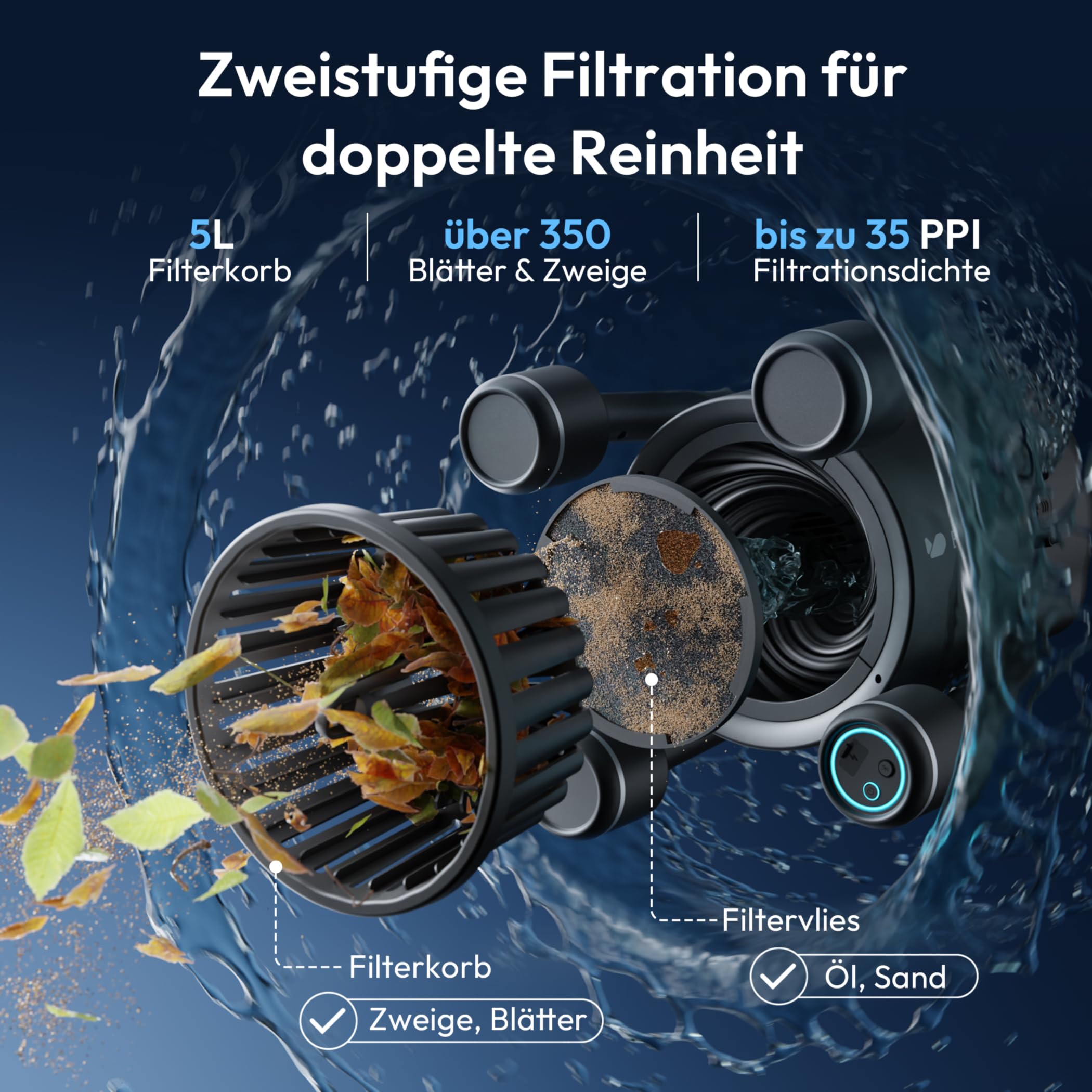 BUBLUE BuVortex V5 Robot de piscine avec contrôle par application, filtre de 5 litres, deux modes de nettoyage, navigation IA, idéal pour piscines enterrées et hors-sol, noir