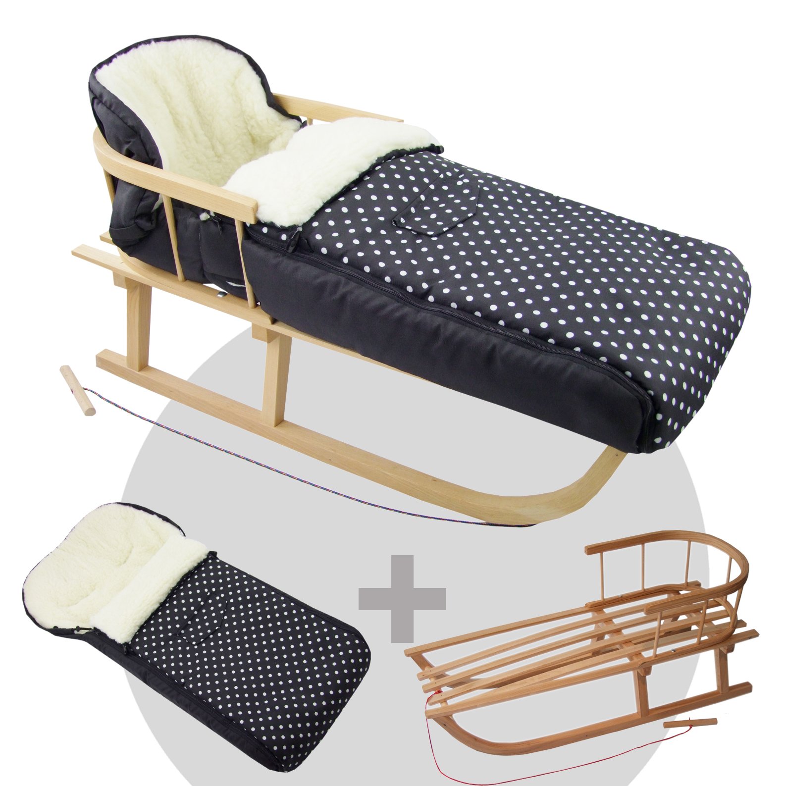 BAMBINIWELT Kombi-Angebot Holz-Schlitten mit Rückenlehne & Zugseil + universaler Winterfußsack (108cm), auch geeignet für Babyschale, Kinderwagen, Buggy, aus Wolle (schwarz weiße Punkte)