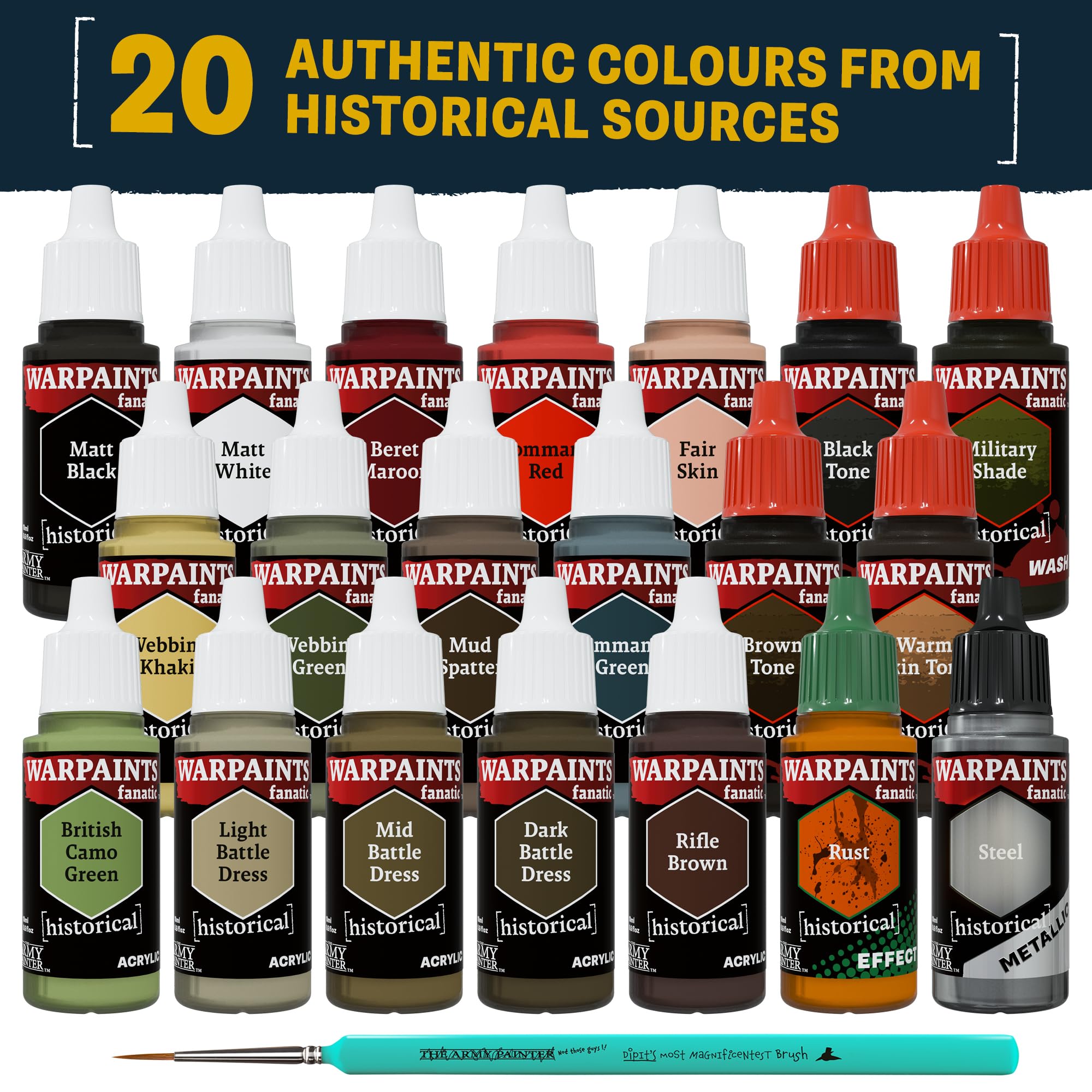 The Army Painter, Historical WWII British Paint Set Combo, 20 x 18 ml | 14 acrilici, 4 wash, 1 effetto, 1 metallico e 1 pennello Dipit, per le forze armate britanniche