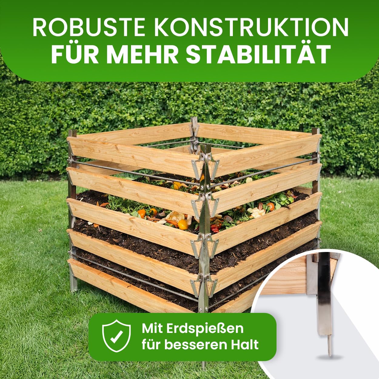 Gartenwelt Riegelsberger Komposter aus Lärche 100x100 cm Höhe 80 cm | Eleganter Komposter Single mit Edelstahlpfosten | Witterungsbeständig, stabil & langlebig
