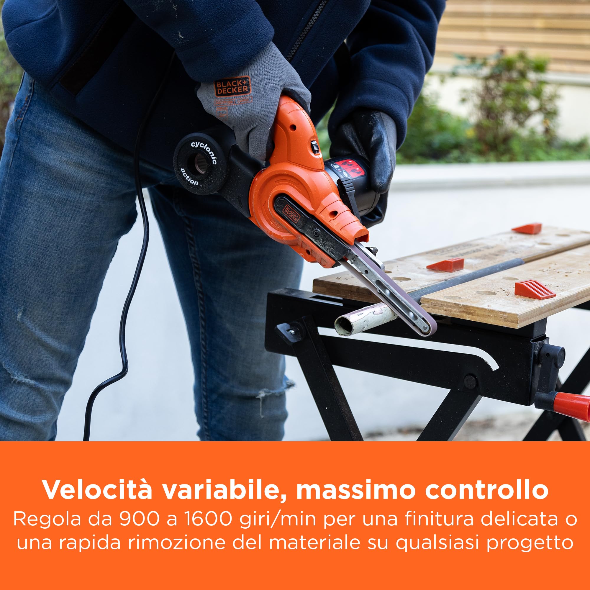 BLACK+DECKER 350W, lima a nastro da 13 mm con 3 nastri abrasivi e sistema di raccolta della polvere, KA900E-QS