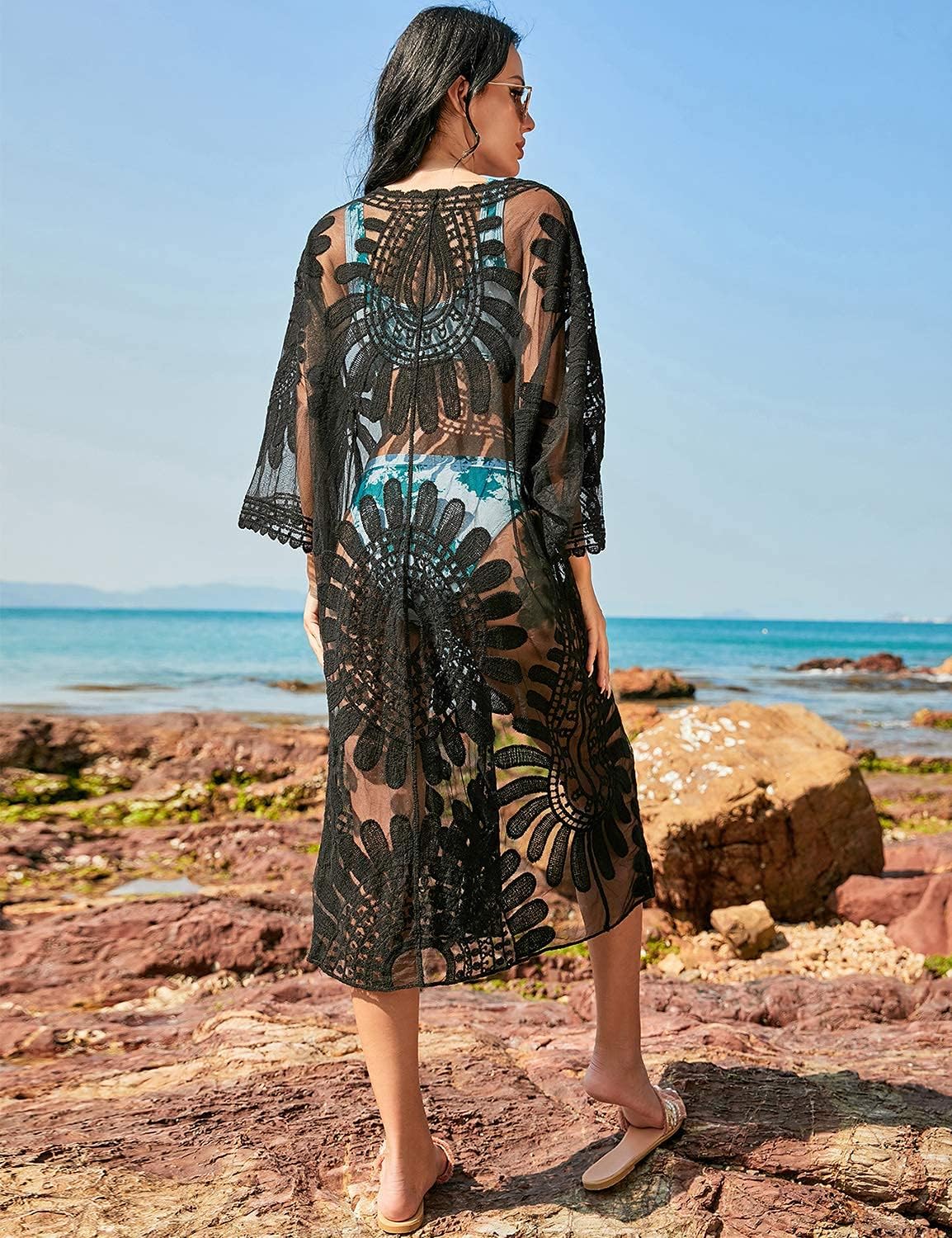 Blooming Jelly Womens Kimono Mesh Swimsuit Coverup Lace Embroidered Long Beach Cover Ups 3/4 Sleeve Tie Front Summer Cardigan - Image 3