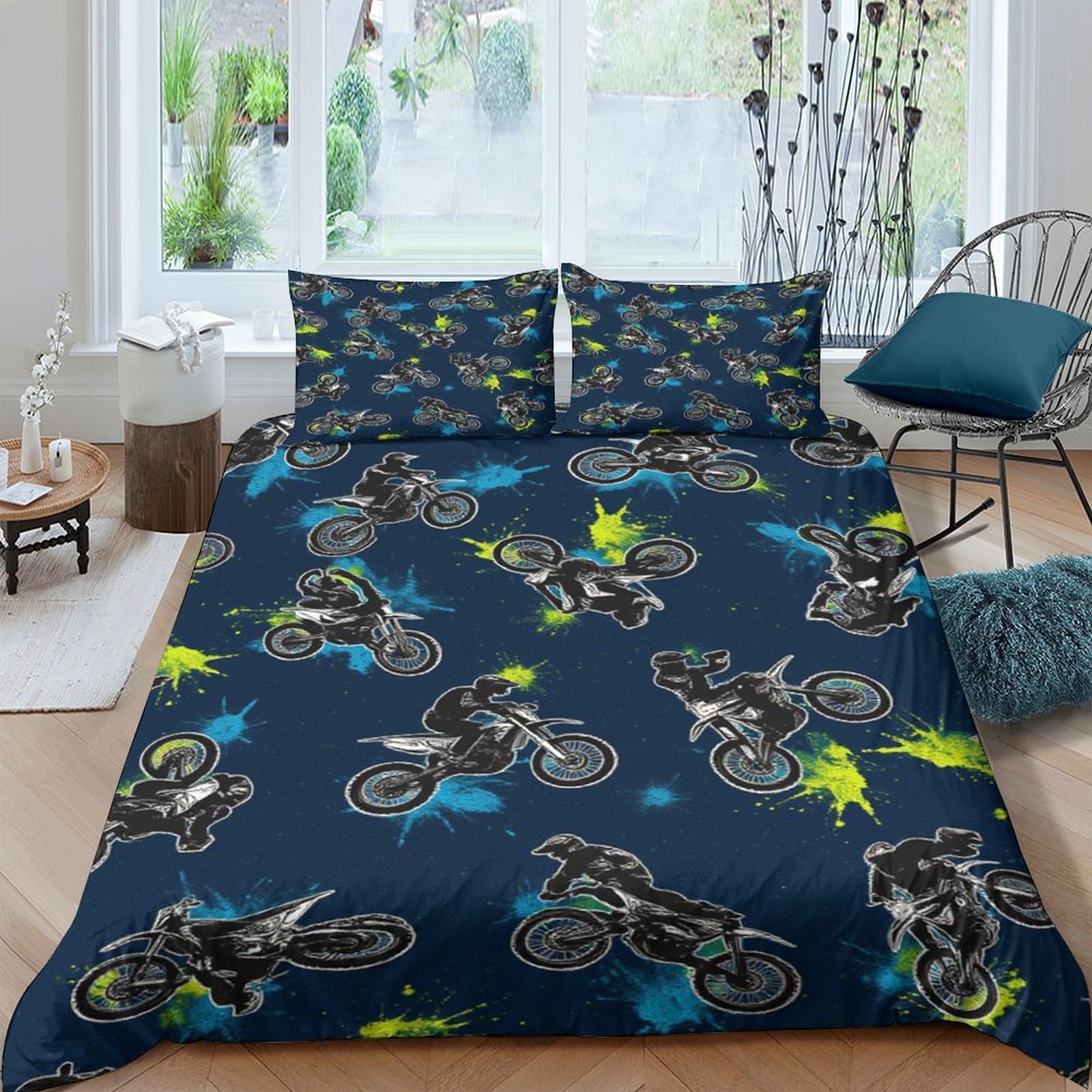 Ctjqhvkz Style-10 3D Printed Motocross Bike Fitted Sheet Microfiber Anti-Slip Bed Cover Graffiti Motorcycle Mattress Protector Decor Single（135X200cm）