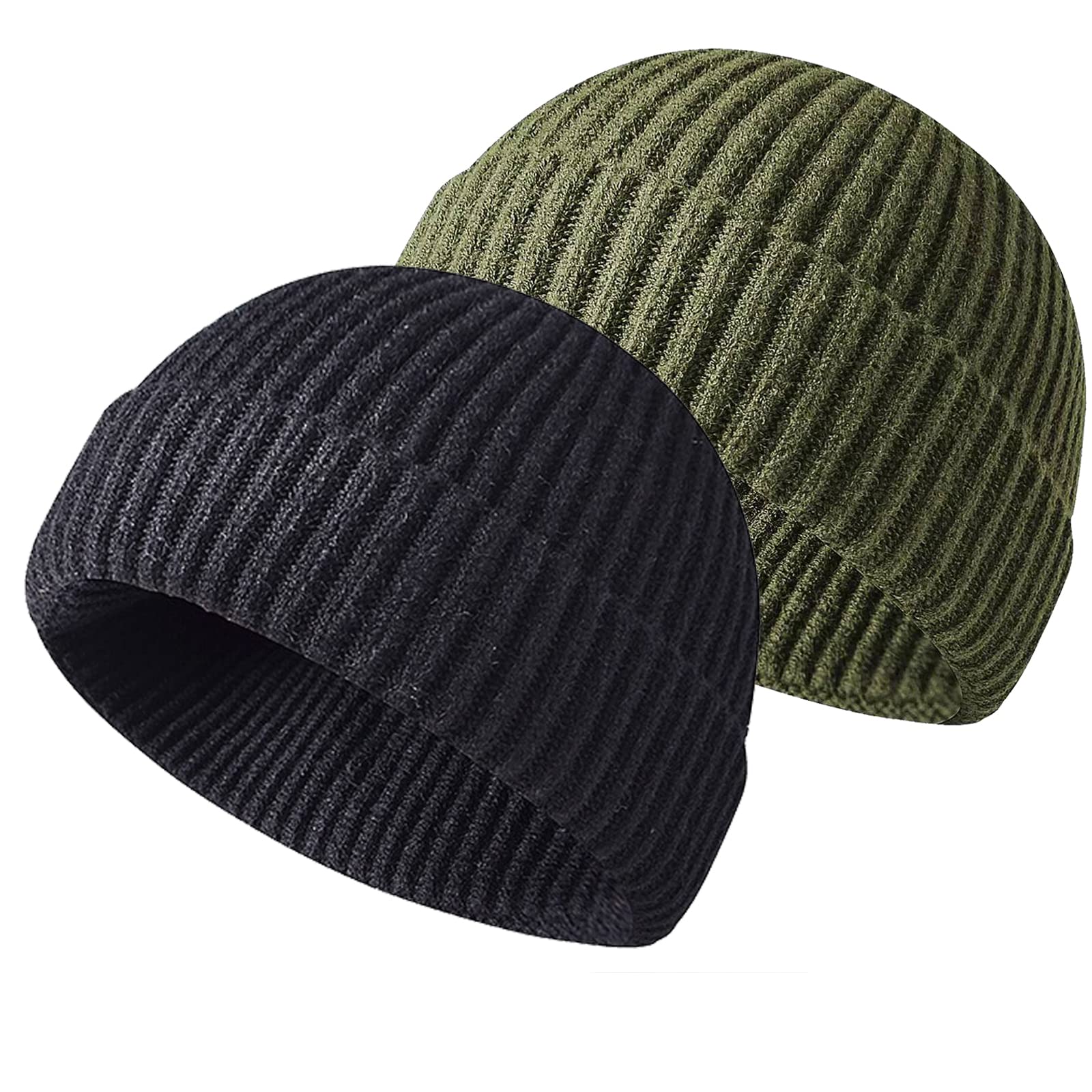Winter Beanie Hat, Roll up Edge Skullcap Fisherman Beanie, Unisex Soft & Stretchable Cuffed Plain Knit Hipster Docker Winter Hat (Z-Black+Green)