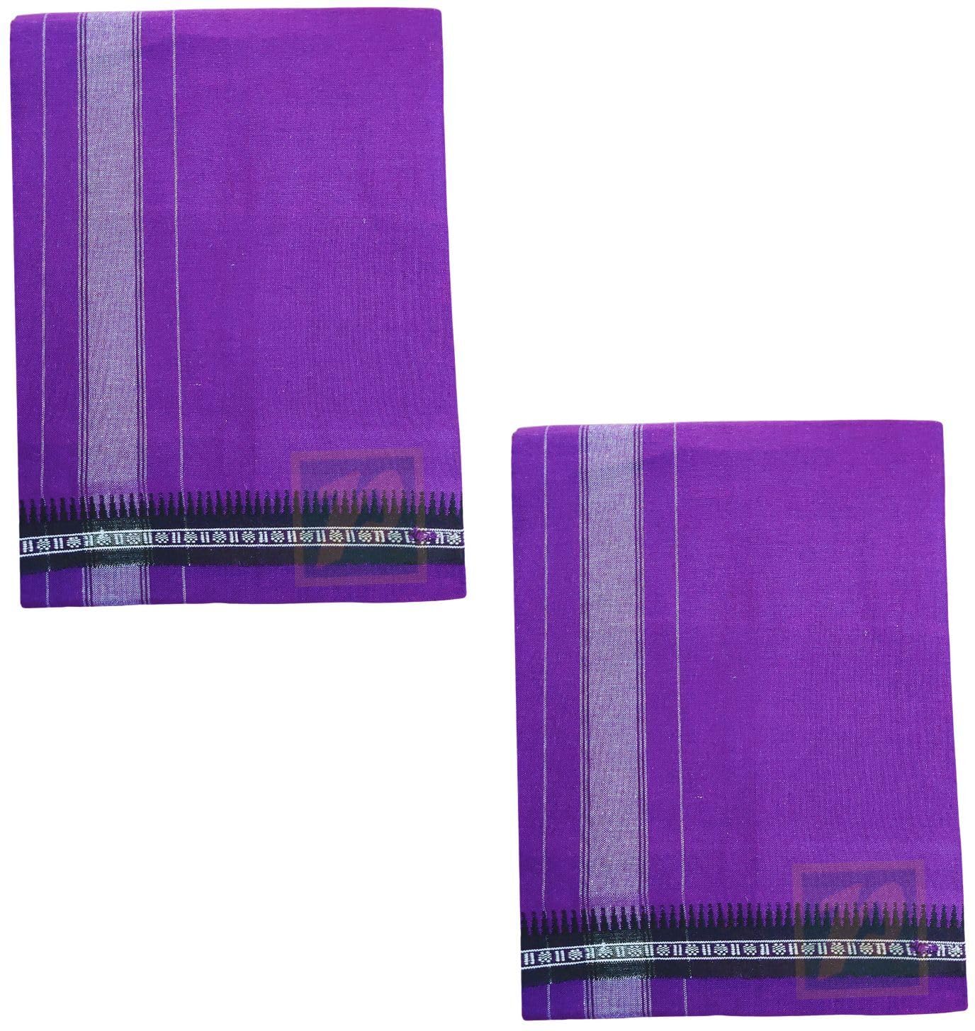 Prakasam Cotton Mens Single (1.28 X 2.00 Mtrs) Colour Thalapathi Border Dhoties/Fine Quality Single Dhoties (Violet)-Pack Of 2 Dhoties