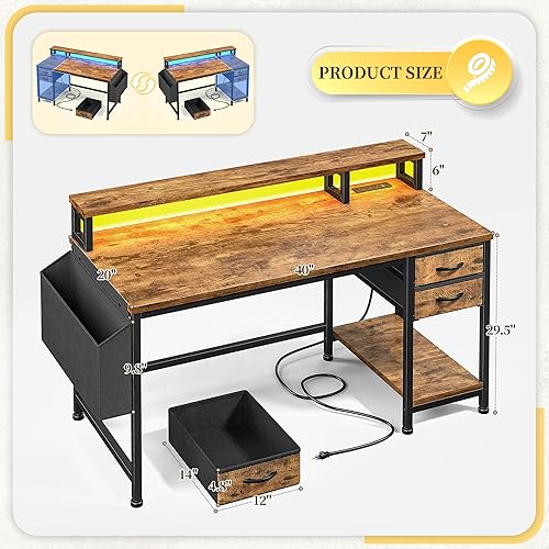 Miniatura 3 de Escritorio para computadora de 40" con tira LED, escritorio para juegos con cajones y bolsa de almacenamiento, escritorio de oficina con tomas de