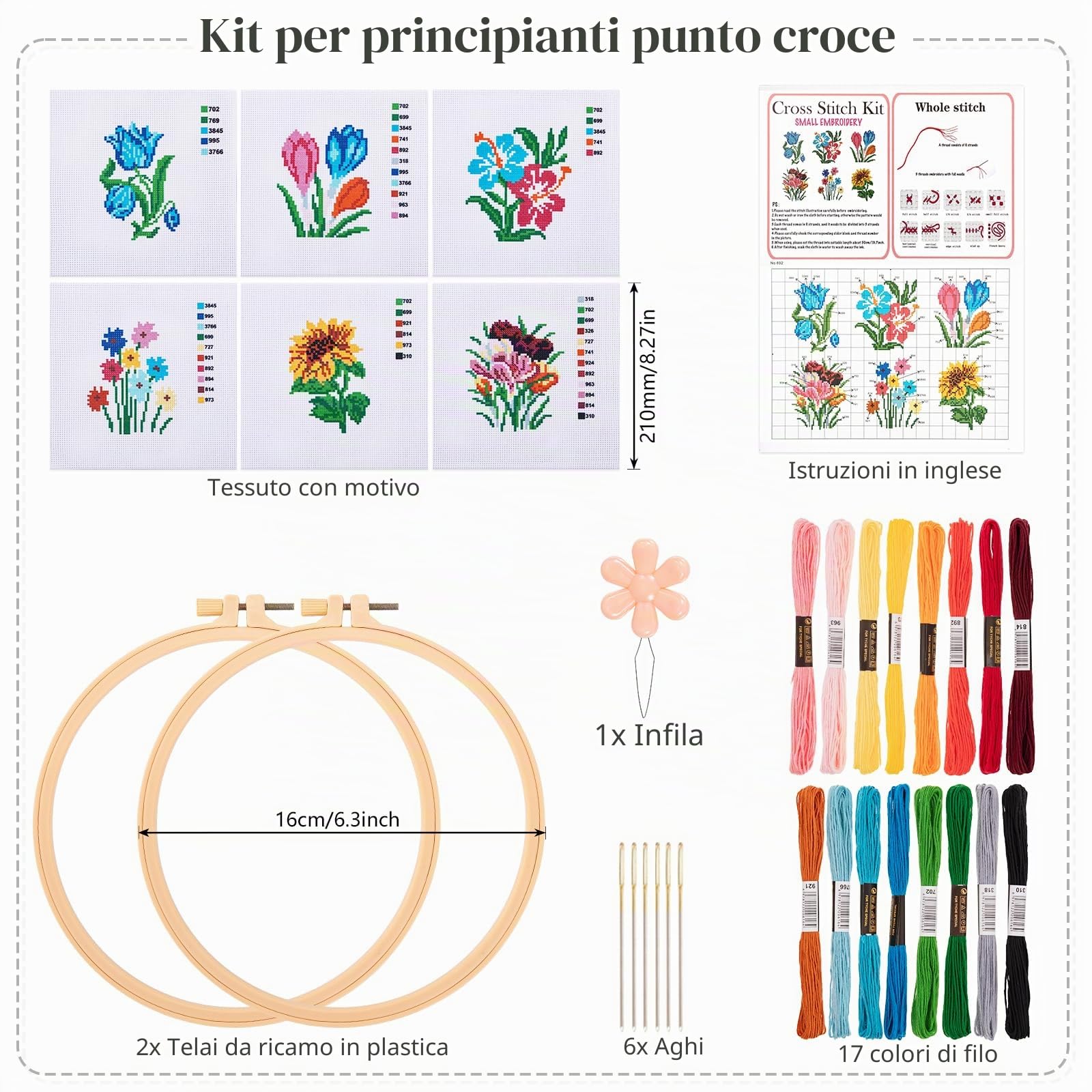 JSRQT 6 pezzi Fiori Kit Punto Croce per Principianti Adulti Bambini, Kit per Ricamo a Punto Croce Fatto a Mano per Amanti Fai da Te con Strumento, 2 Telai da Ricamo, Istruzioni, Ago e Filo