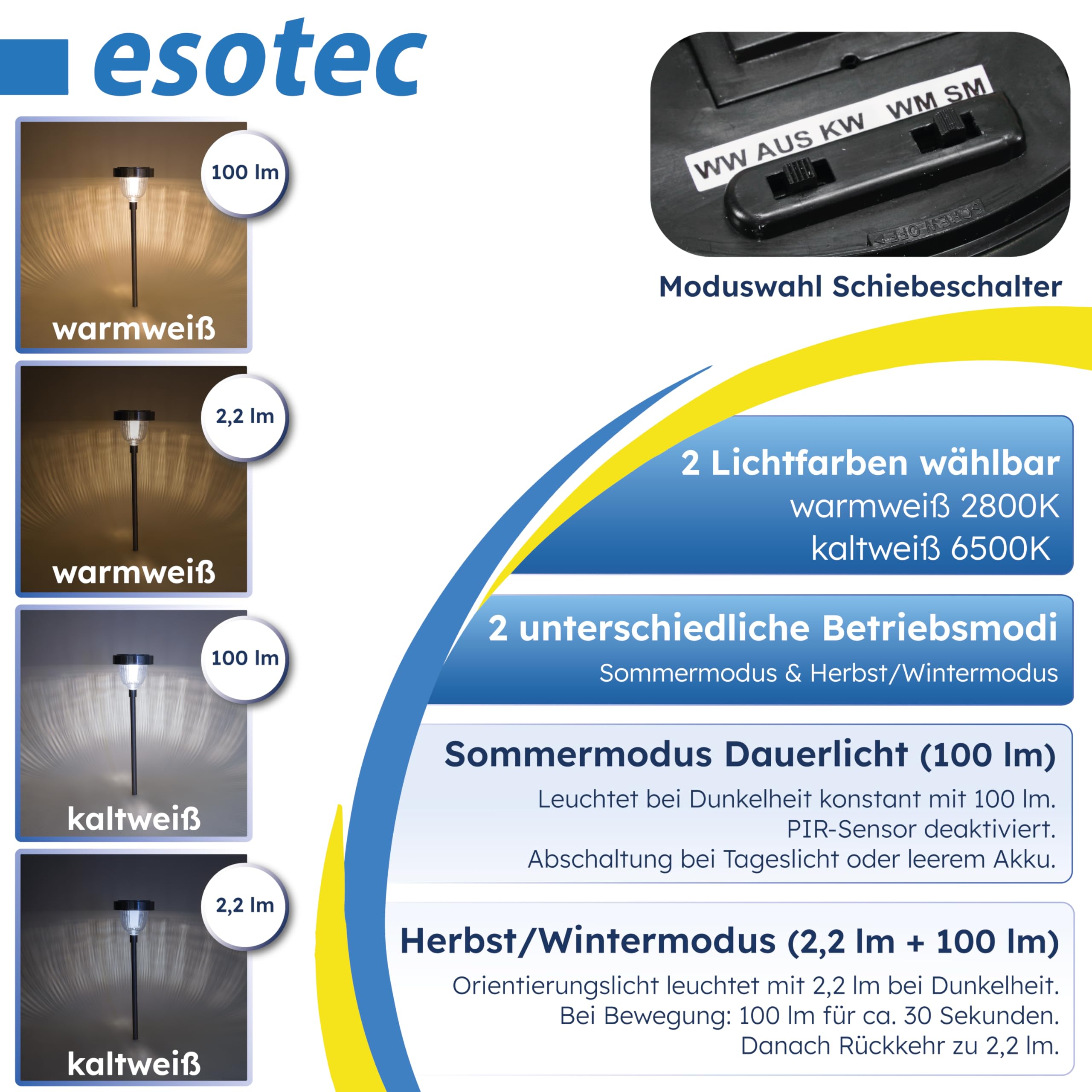 esotec Solar Wegeleuchte mit Bewegungsmelder ASINARA, steckbare Gartenbeleuchtung für außen, DUO COLOR warmweiß kaltweiß, Edelstahl H70cm 102530