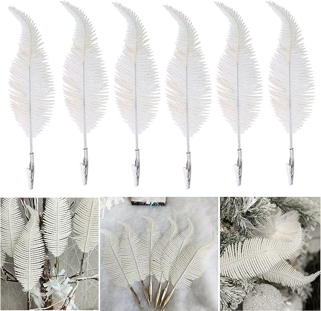 GEWU 6pcs White Glittery Christmas Tree Feather Decoration Silver Ornament Baubles Hanging Decor with Clip For Xmas Party Home Decorations (22cm)