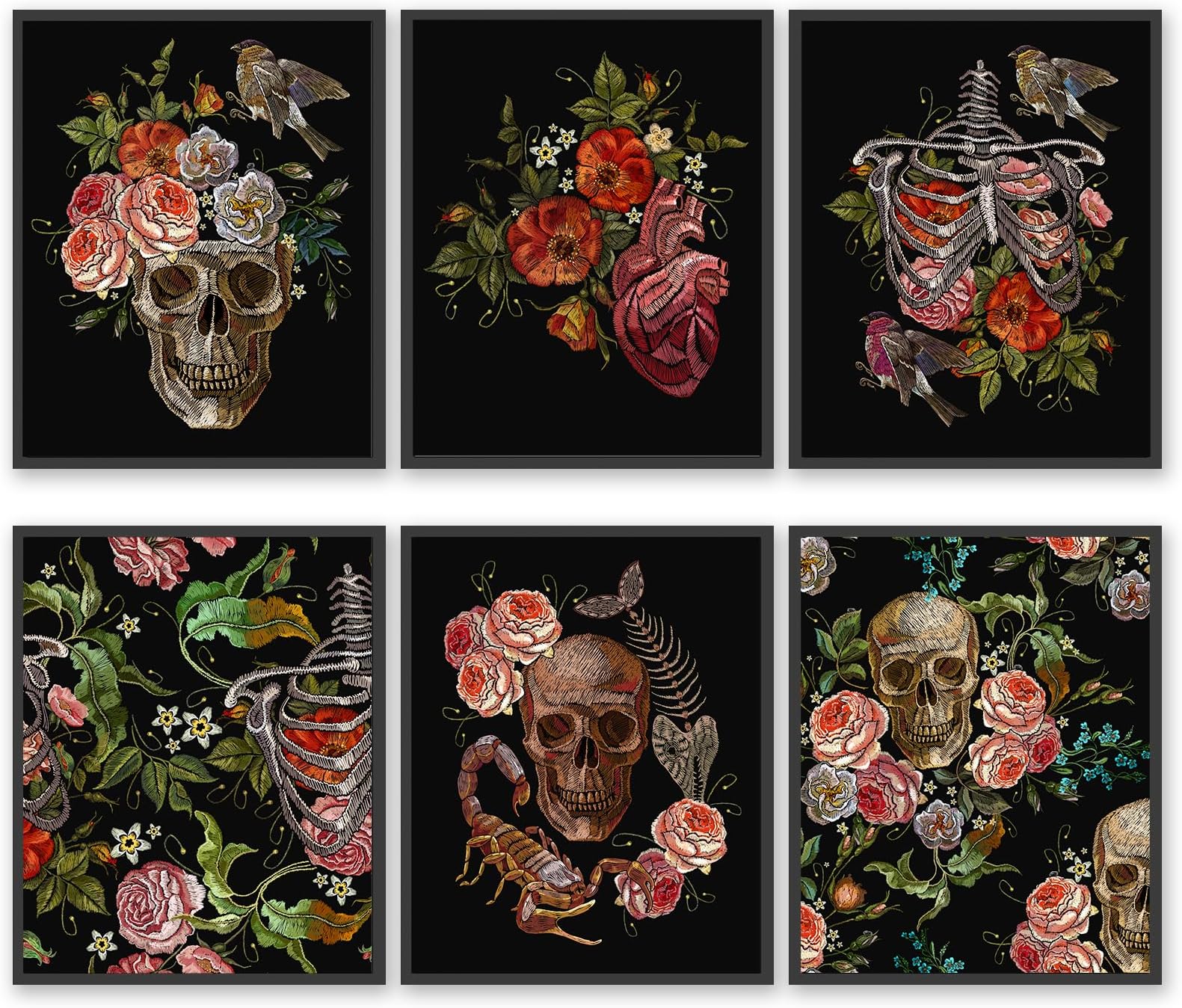 Embroidery Skull and Roses Wall Art Prints, Gothic Romantic Art, Human Heart Art Poster, Gothic Embroidery Skeleton Ribs Birds and Flowers Poster Wall Decor (8"x10" UNFRAMED)