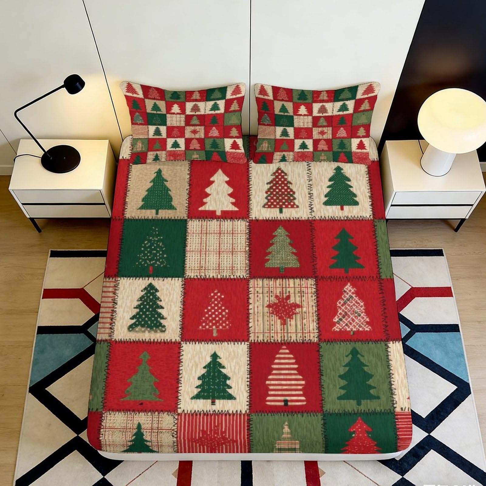 3D Printed Christmas Tree Fitted Sheet Microfiber Red Green Patchwork Bed Cover for Bedroom Guest Room Decor 90x200x25cm