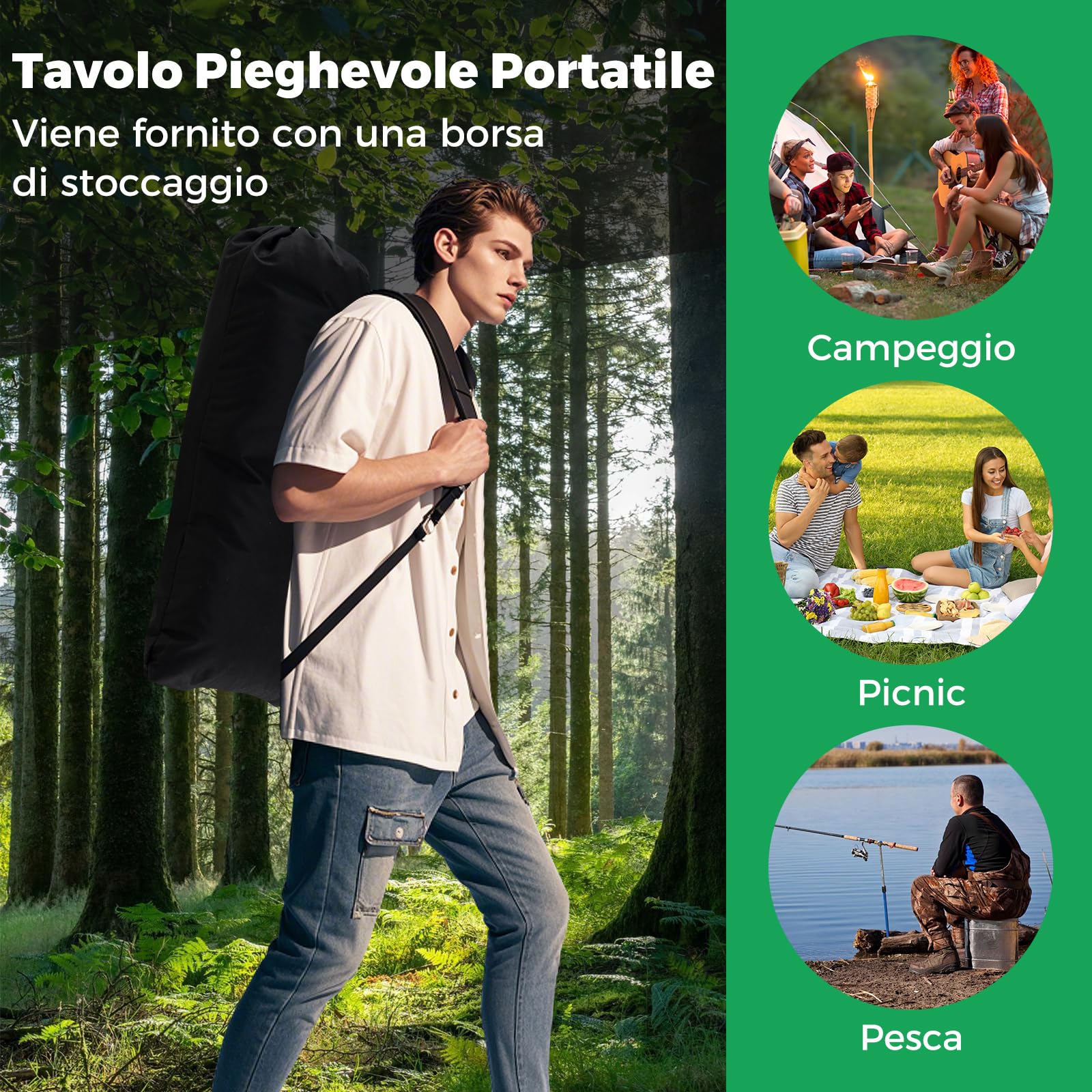 COSTWAY Tavolo da Campeggio Pieghevole in Alluminio, Portatile con Cestello in Rete e Borsa, Portata 100kg per Giardino Spiaggia Pesca (Nero)